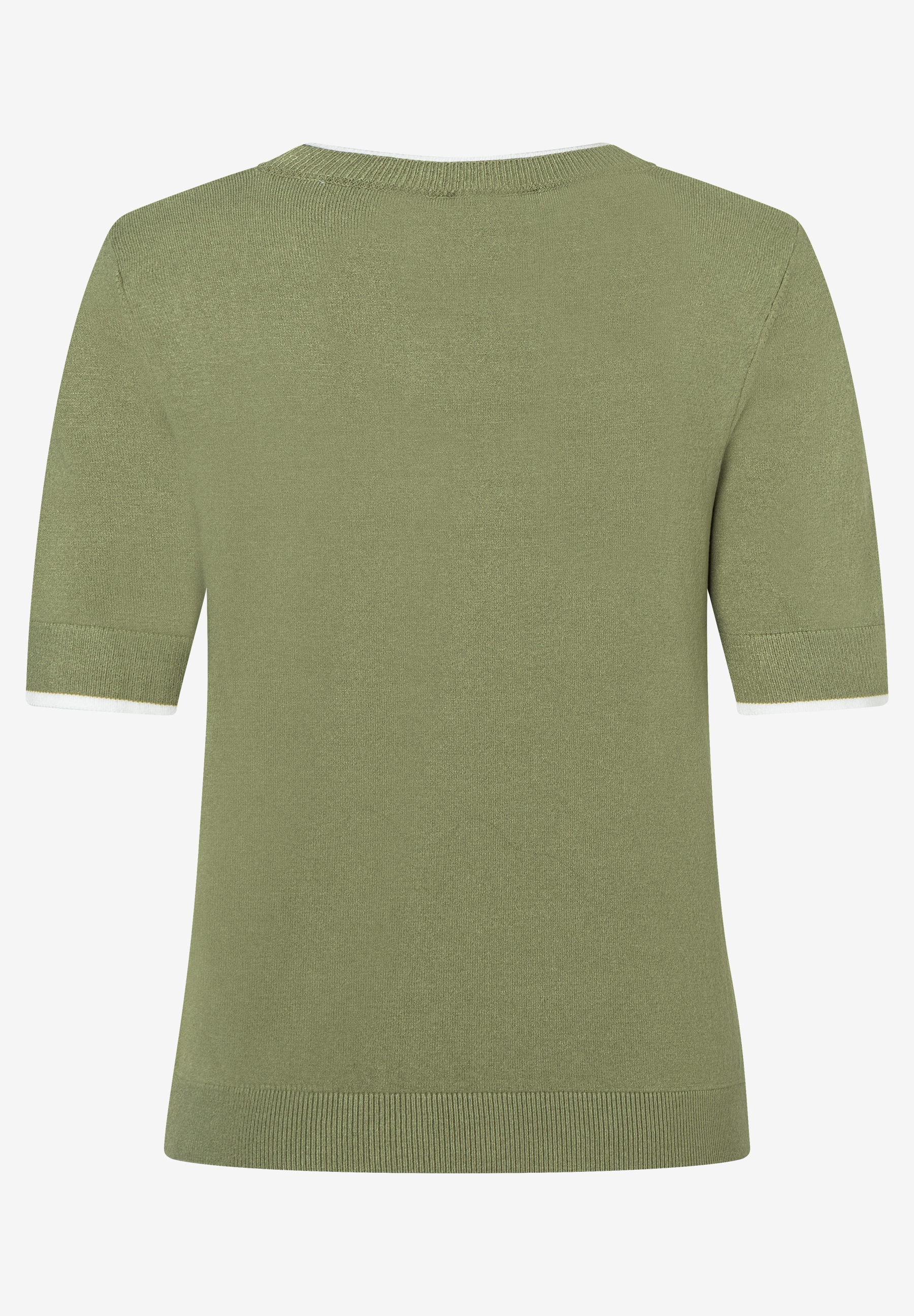 Ein olivgrüner MORE & MORE Feinstrick-Pullover mit kurzen Ärmeln und weiß abgesetzten Bündchen. Ein olivgrüner MORE & MORE Feinstrick-Pullover mit kurzen Ärmeln und weiß abgesetzten Bündchen.