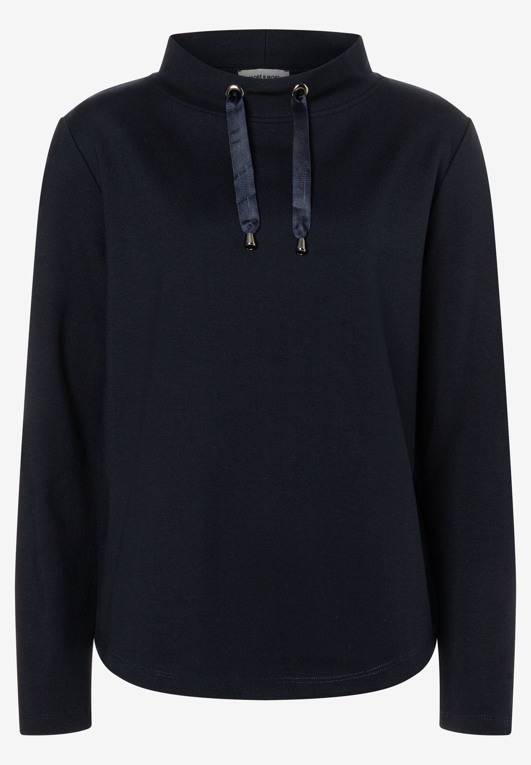 MORE & MORE Damen-Sweatshirt in Marineblau mit Stehkragen und Bändern, perfekt für lässige Eleganz.