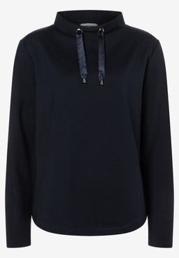 MORE & MORE Damen-Sweatshirt in Marineblau mit Stehkragen und Bändern, perfekt für lässige Eleganz.