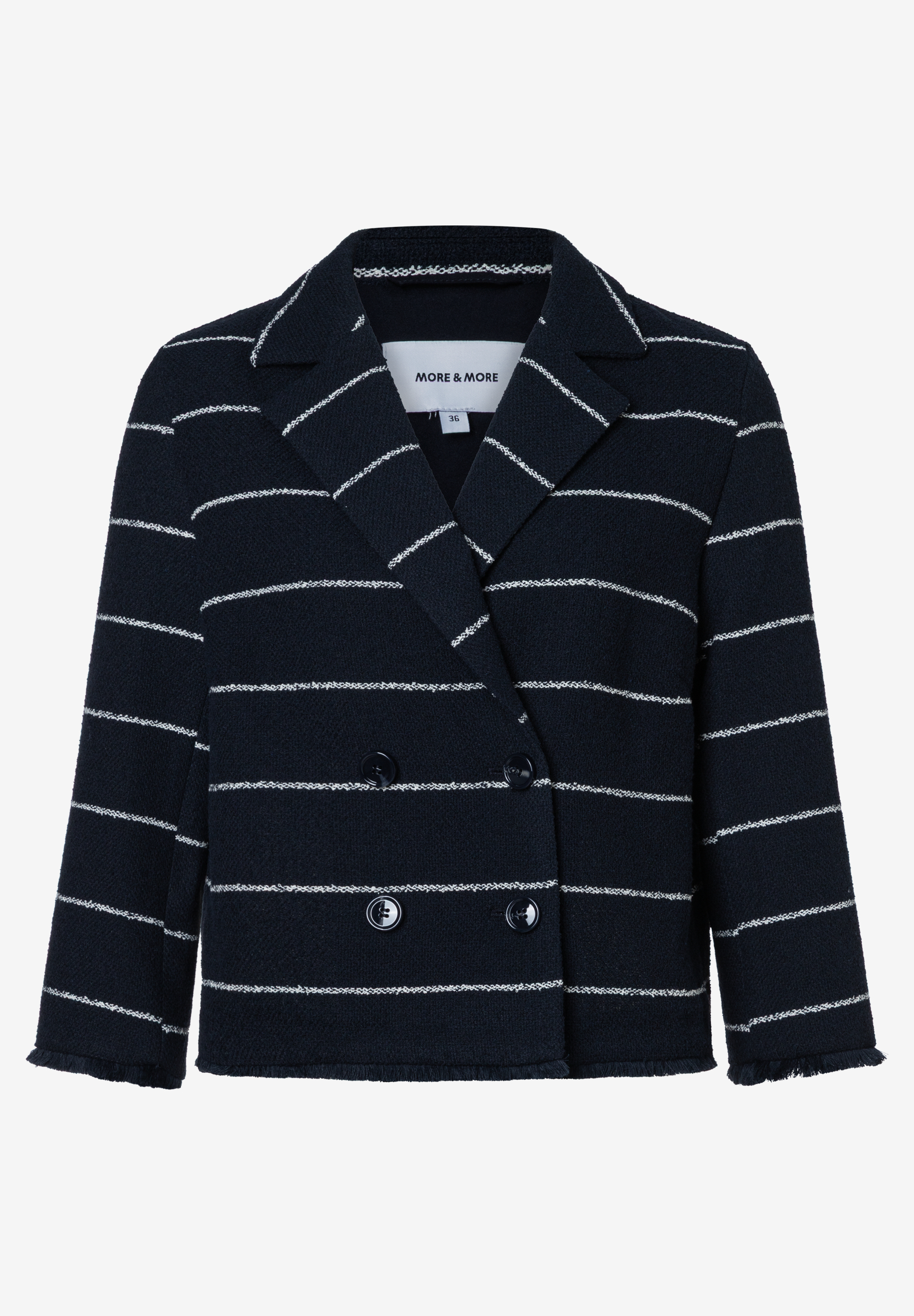 Ein MORE & MORE Blazer mit Bouclé und weißen Streifen. Ein MORE & MORE Blazer mit Bouclé und weißen Streifen.