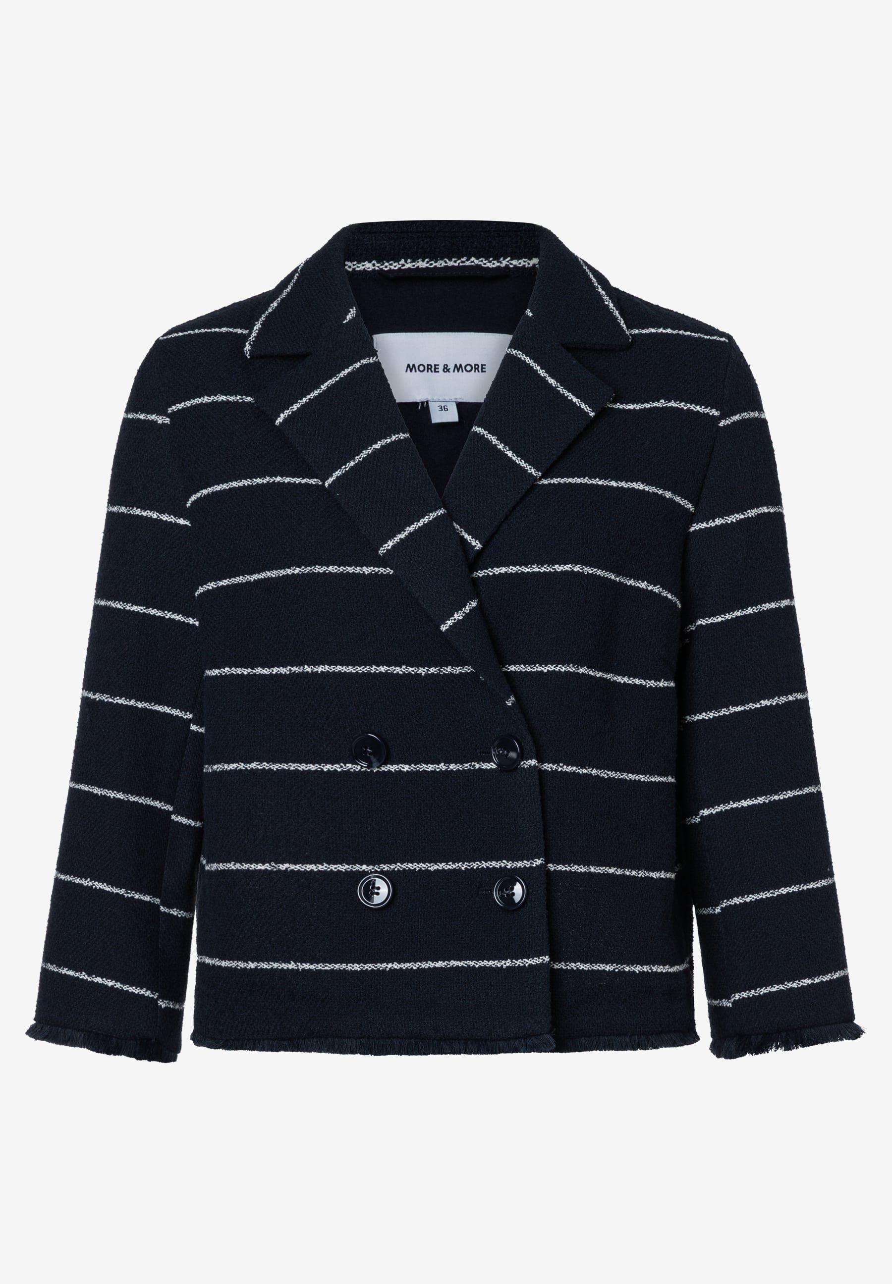 Ein MORE & MORE Blazer mit Bouclé und weißen Streifen. Ein MORE & MORE Blazer mit Bouclé und weißen Streifen.