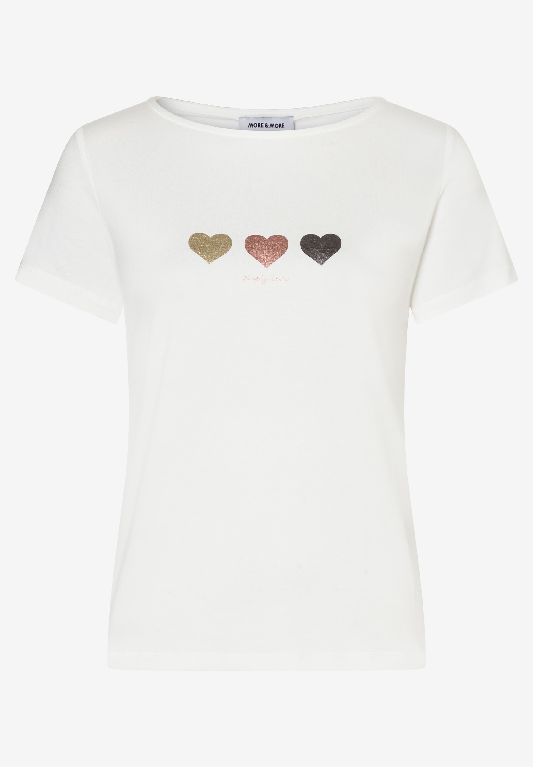 Ein weißes MORE & MORE T-Shirt mit drei Herzen in Gold, Roségold und Schwarz auf der Brust. Ein weißes MORE & MORE T-Shirt mit drei Herzen in Gold, Roségold und Schwarz auf der Brust.