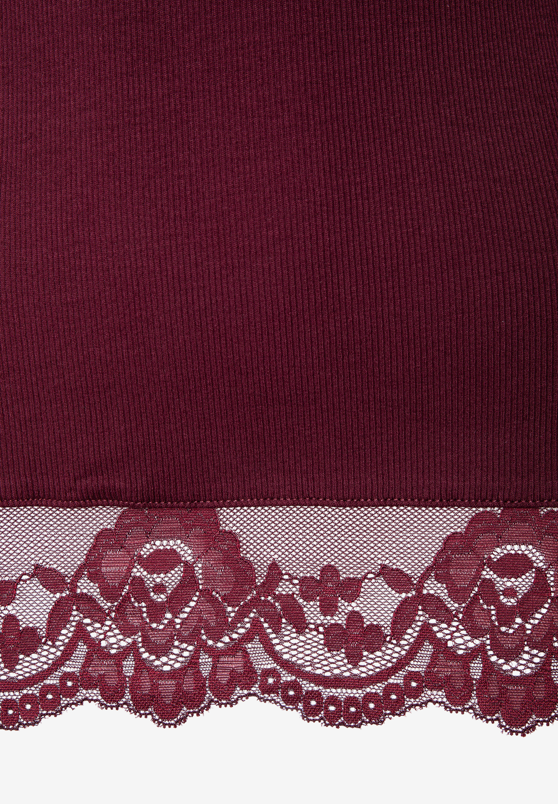 MORE & MORE T-Shirt/Top in Rippstrick-Optik, burgunderrot, mit floraler Spitze am Saum
