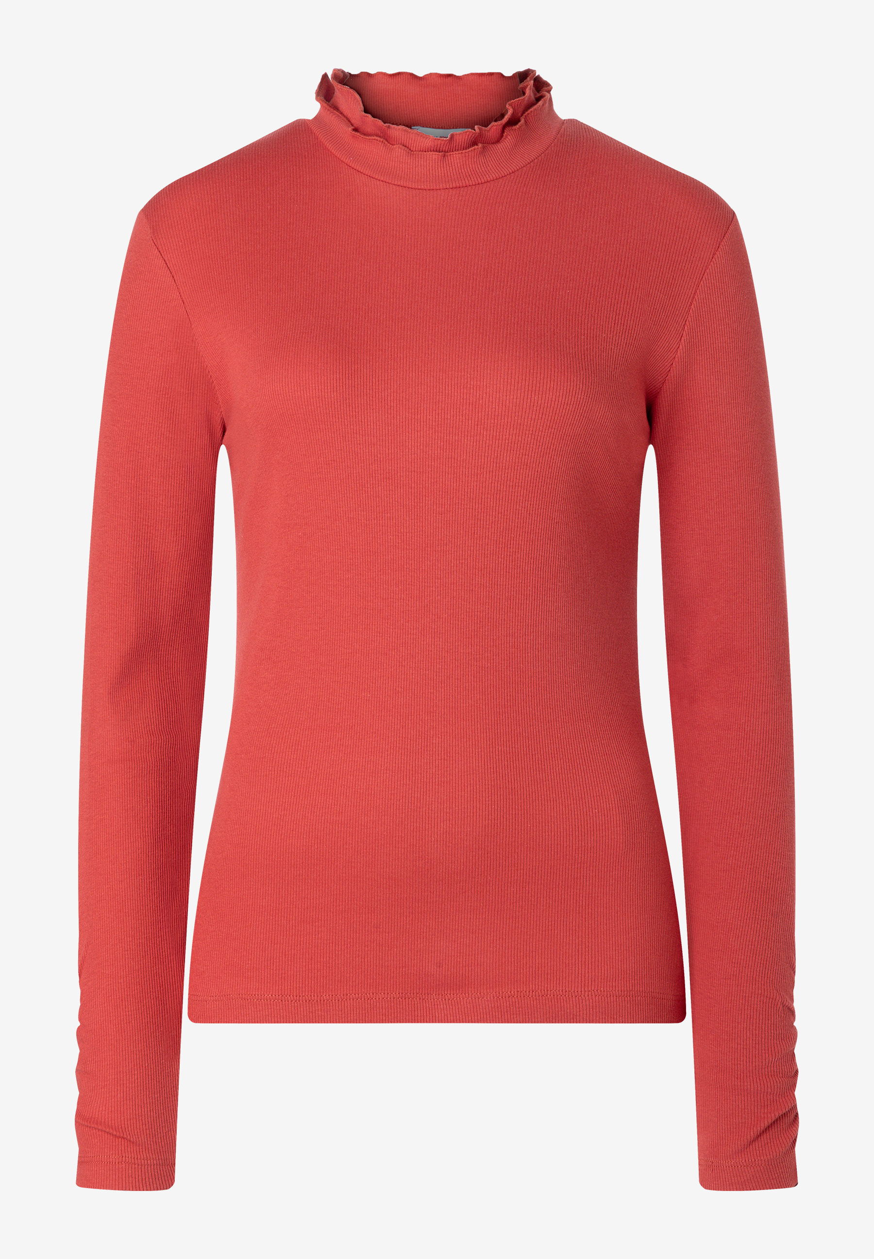MORE & MORE Ripp-Shirt in Rot mit Rüschenkragen und langen Ärmeln auf hellem Hintergrund.