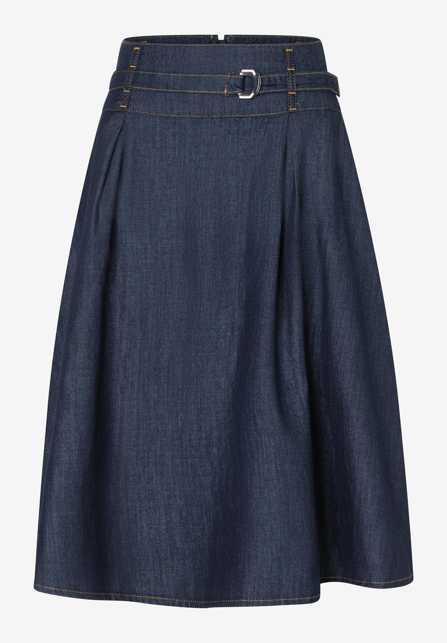 Ein dunkelblauer MORE & MORE Rock mit hohem Bund und silberfarbener Schnalle.