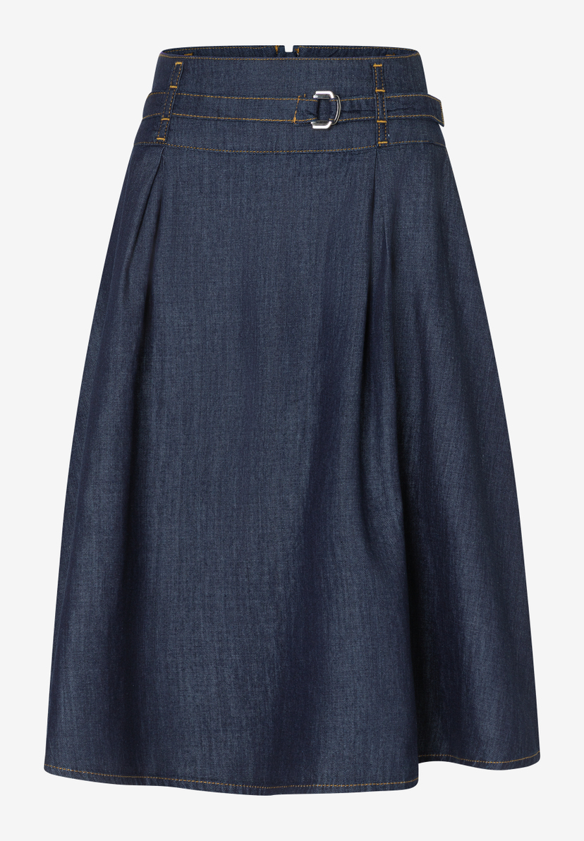 Ein dunkelblauer MORE & MORE Rock mit hohem Bund und silberfarbener Schnalle. Ein dunkelblauer MORE & MORE Rock mit hohem Bund und silberfarbener Schnalle.