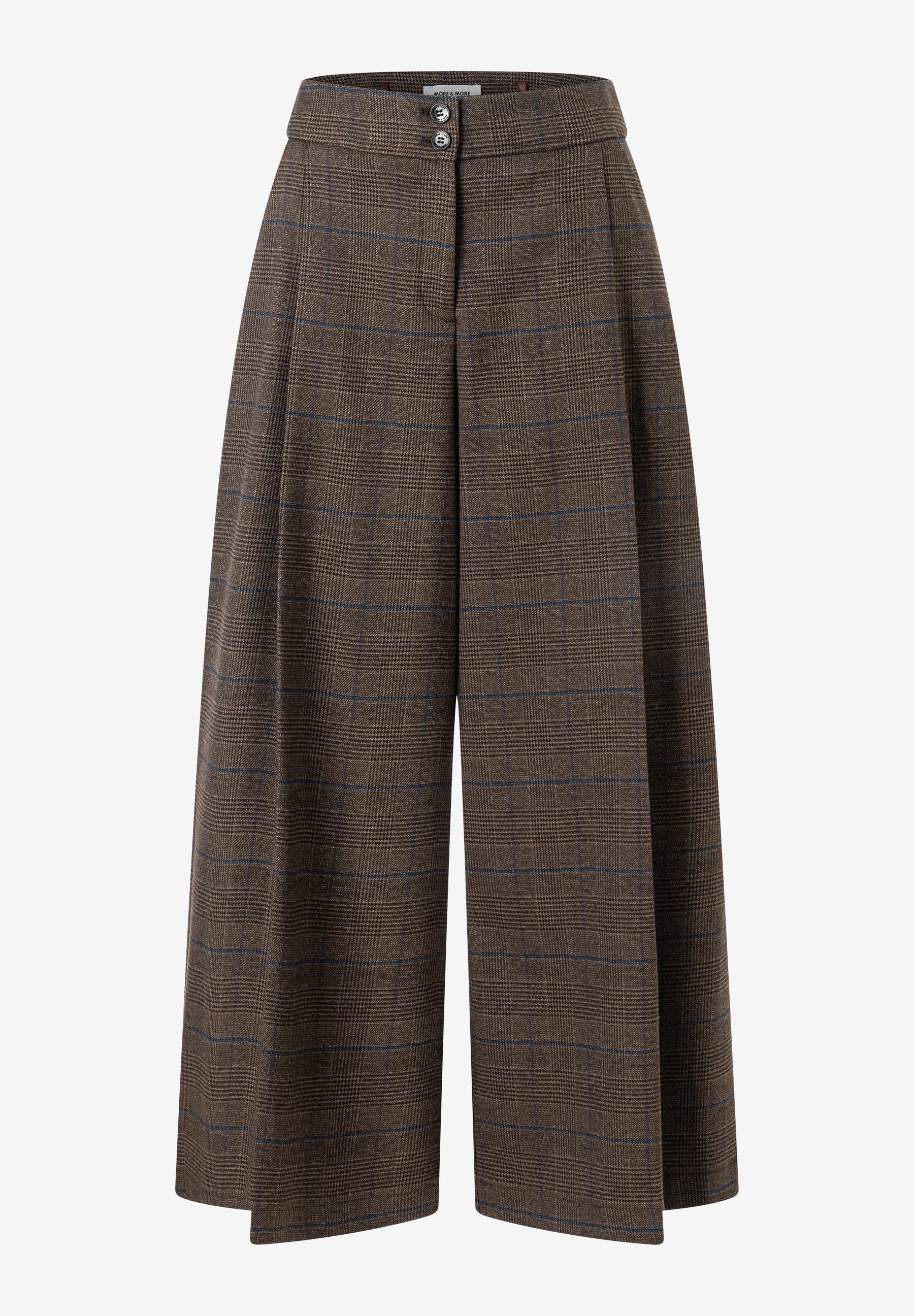 MORE & MORE Wide Leg Hose aus braunem Webware-Stoff mit blauem Karomuster. Mit weitem Bein und Bund mit Knopfverschluss. MORE & MORE Wide Leg Hose aus braunem Webware-Stoff mit blauem Karomuster. Mit weitem Bein und Bund mit Knopfverschluss.