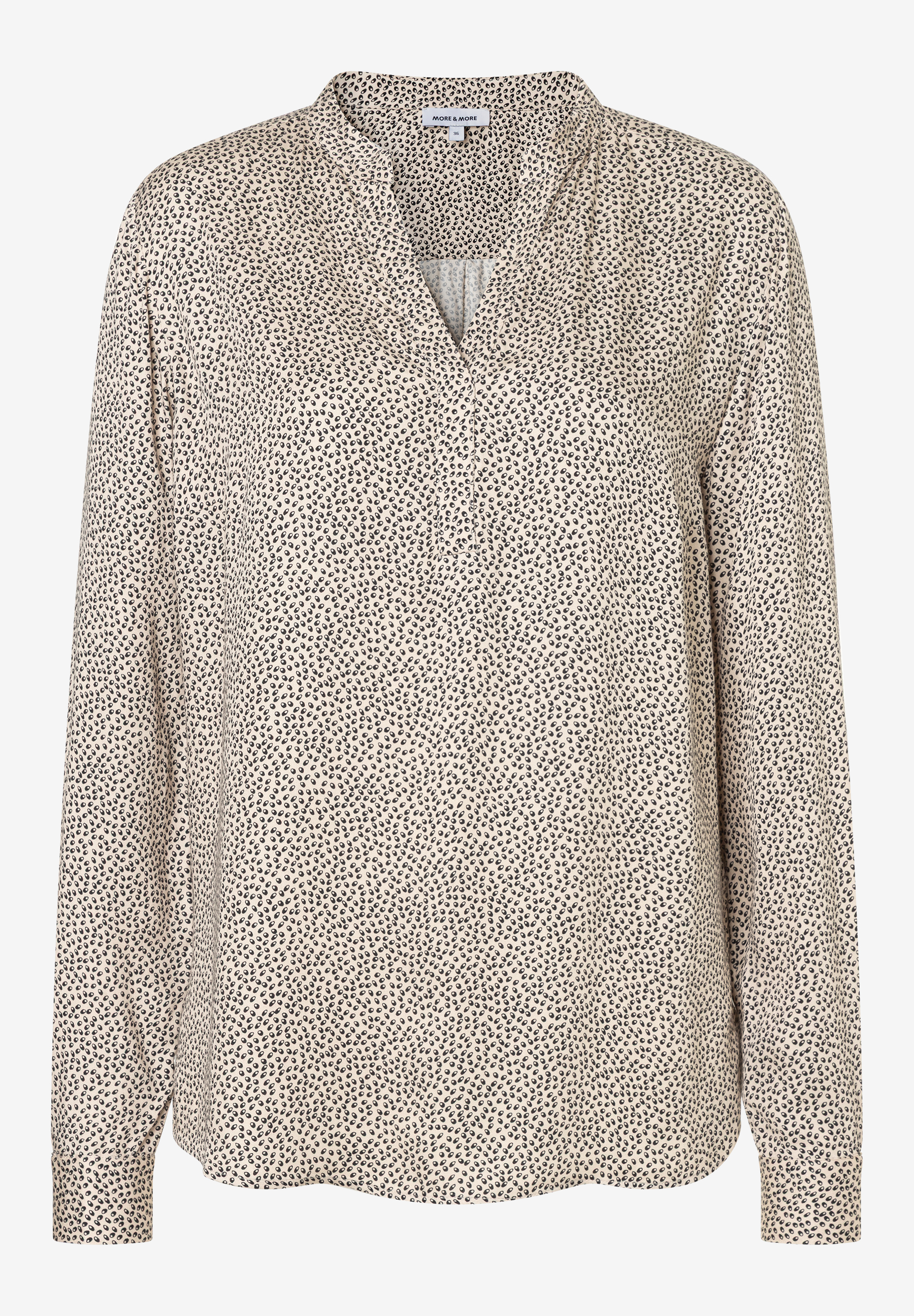 MORE & MORE Damen-Bluse: Beigefarben mit schwarzem Pünktchenmuster, V-Ausschnitt, lange Ärmel mit Manschetten.