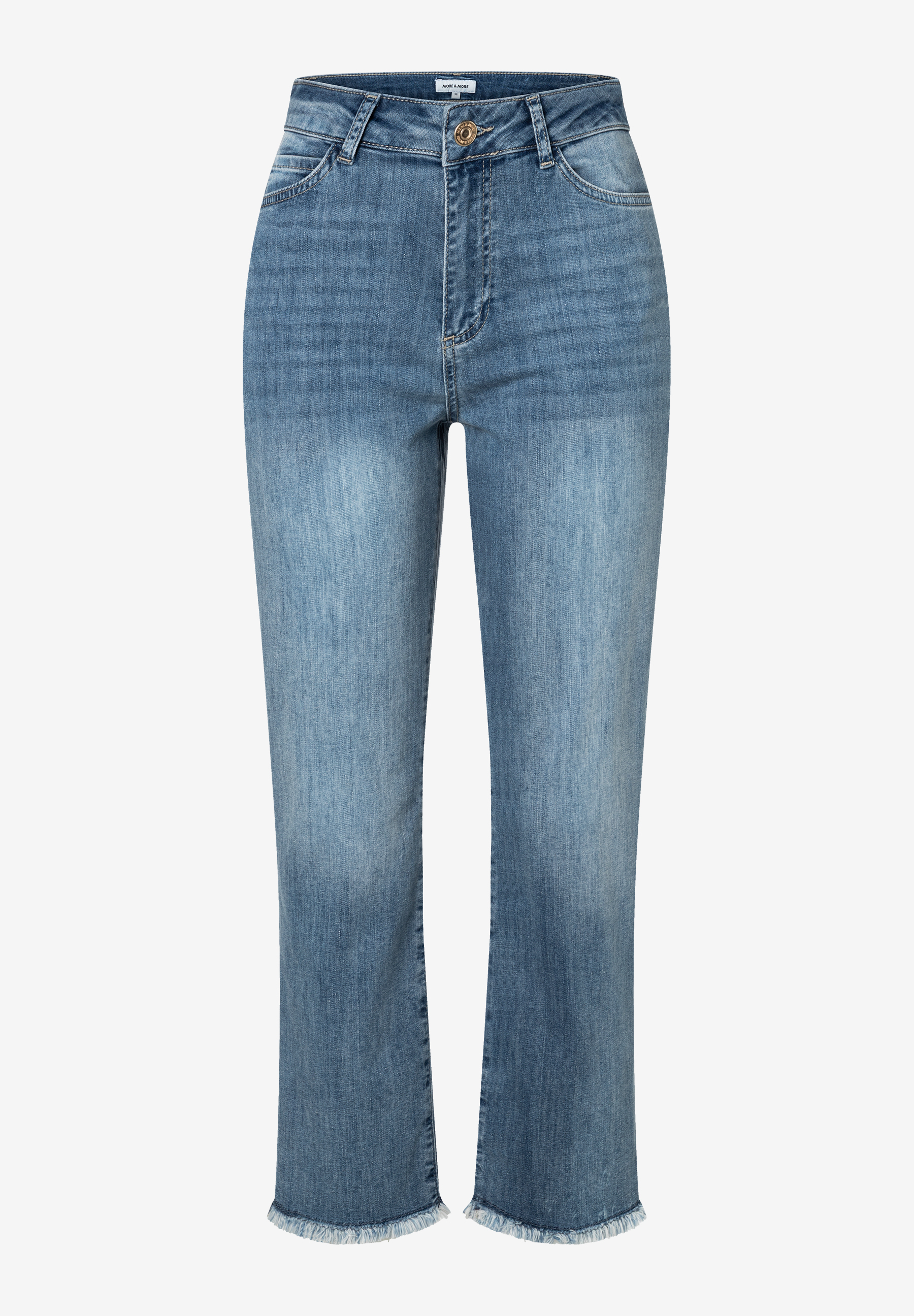 Eine MORE & MORE Jeans mit geradem Bein und leicht ausgefranstem Saum.
