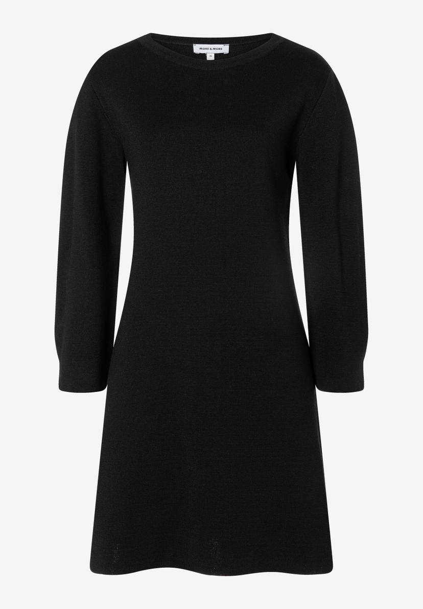 MORE & MORE Kleid aus schwarzem Strick, 3/4 Ärmel und Rundhalsausschnitt, weich und elastisch, Größe 36. MORE & MORE Kleid aus schwarzem Strick, 3/4 Ärmel und Rundhalsausschnitt, weich und elastisch, Größe 36.