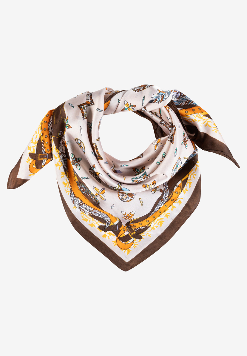 MORE & MORE Accessoire: Braunes Halstuch mit gelben Schnallen- und Feder-Print, detailreich verziert. MORE & MORE Accessoire: Braunes Halstuch mit gelben Schnallen- und Feder-Print, detailreich verziert.
