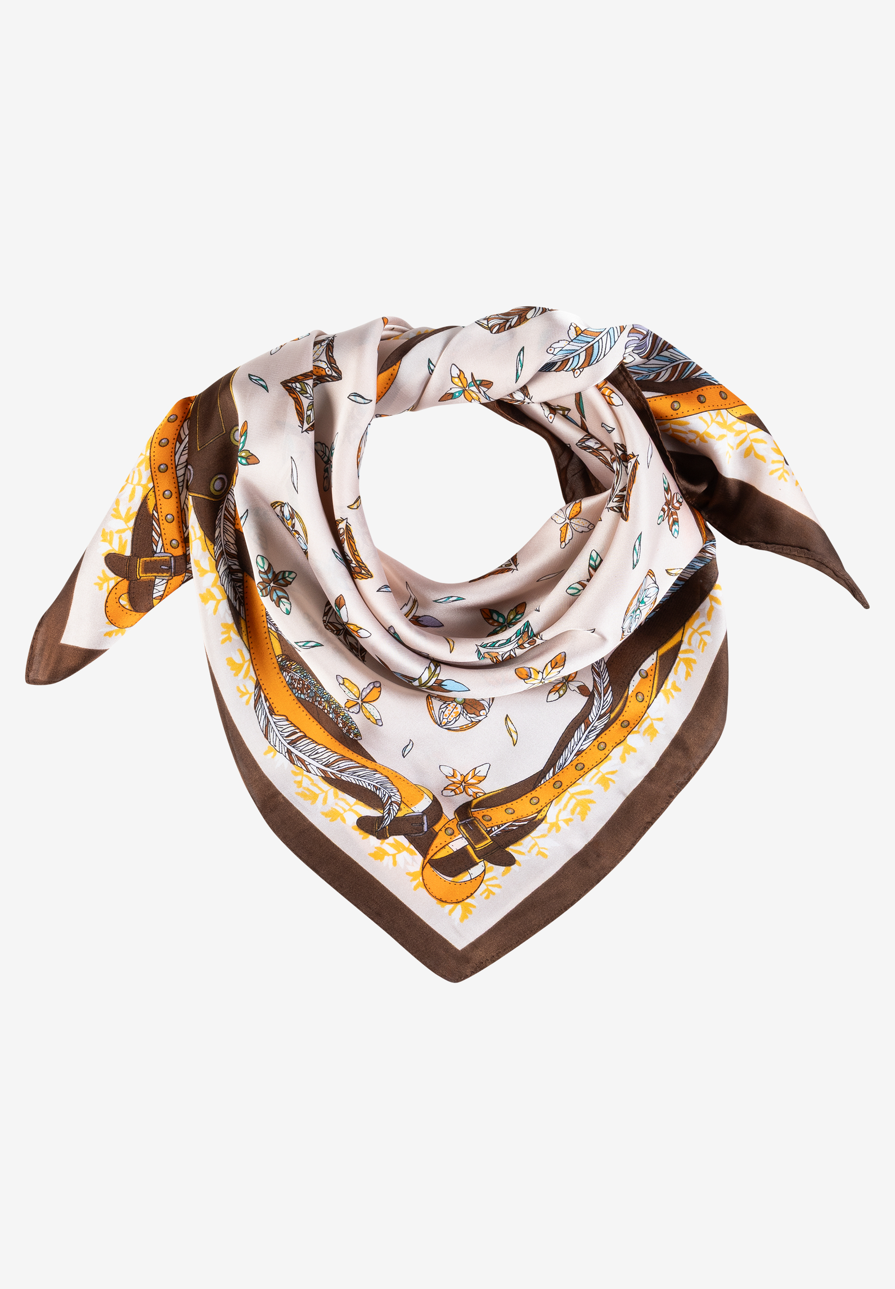 MORE & MORE Accessoire: Braunes Halstuch mit gelben Schnallen- und Feder-Print, detailreich verziert.