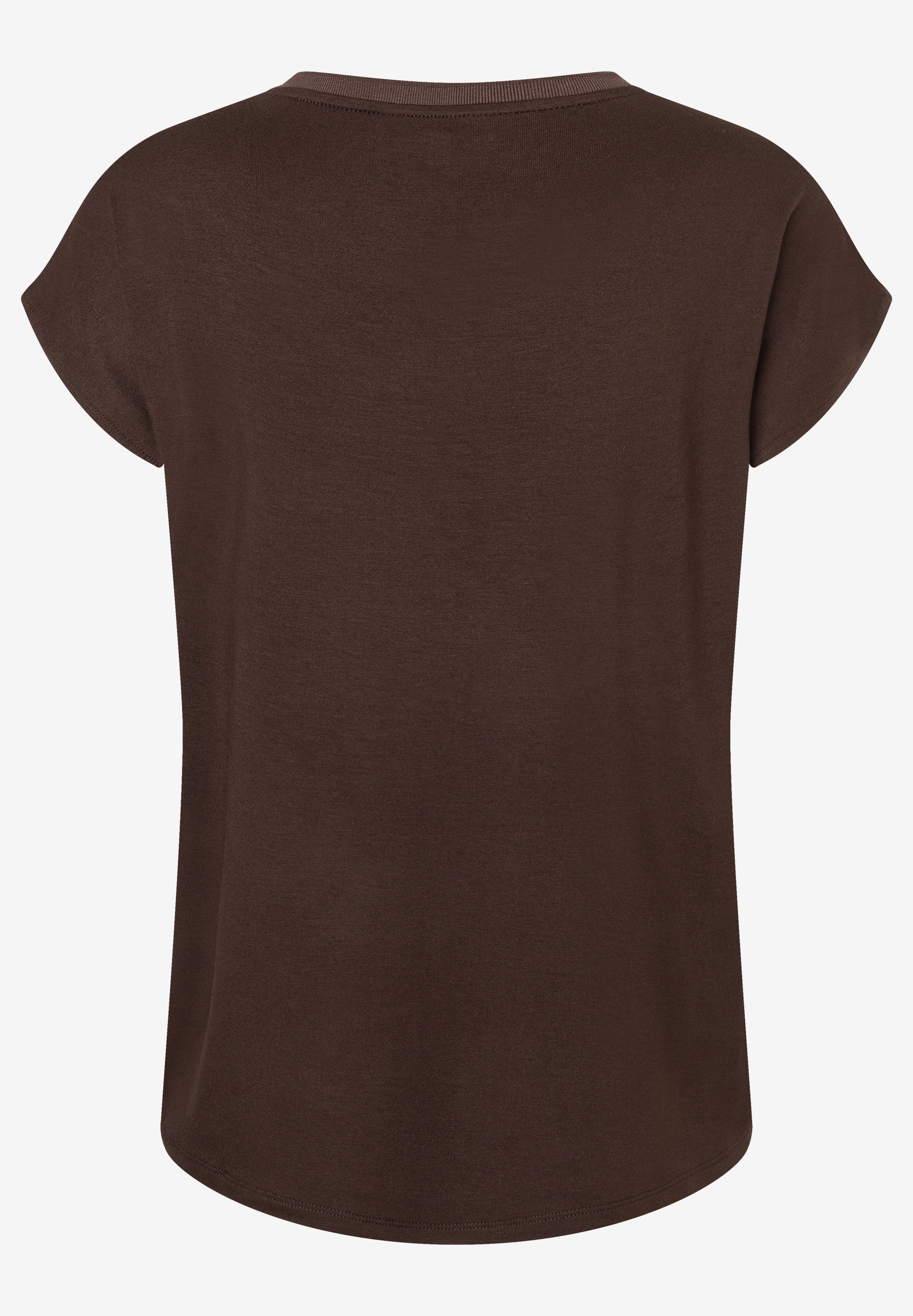 MORE & MORE Damen T-Shirt in Dunkelbraun, Rückansicht. Kurze Ärmel und gerippter Rundhalsausschnitt. MORE & MORE Damen T-Shirt in Dunkelbraun, Rückansicht. Kurze Ärmel und gerippter Rundhalsausschnitt.