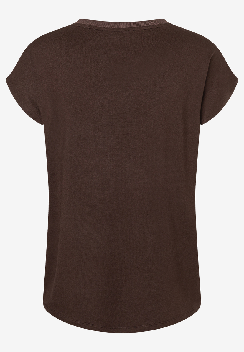 MORE & MORE Damen T-Shirt in Dunkelbraun, Rückansicht. Kurze Ärmel und gerippter Rundhalsausschnitt. MORE & MORE Damen T-Shirt in Dunkelbraun, Rückansicht. Kurze Ärmel und gerippter Rundhalsausschnitt.
