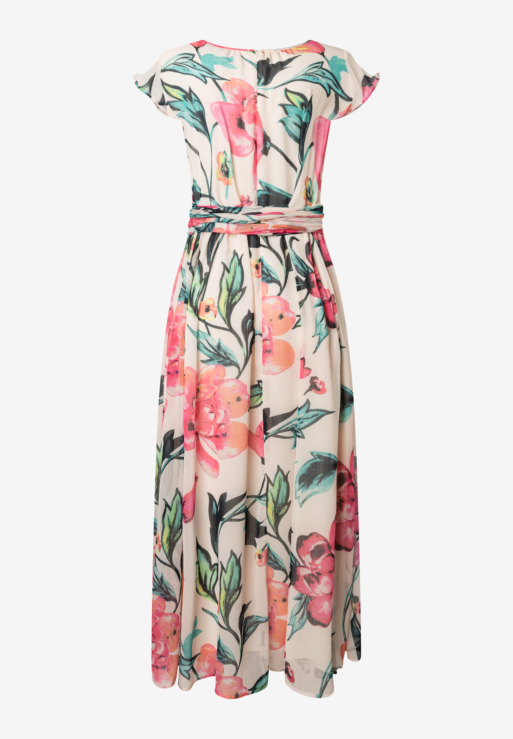 Ein geblümtes MORE & MORE Kleid mit kurzem Ärmel und Taillenband. Ein geblümtes MORE & MORE Kleid mit kurzem Ärmel und Taillenband.