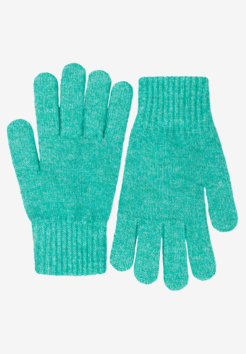 Ein Paar grüne MORE & MORE Strickhandschuhe, flach liegend. Ein Paar grüne MORE & MORE Strickhandschuhe, flach liegend.