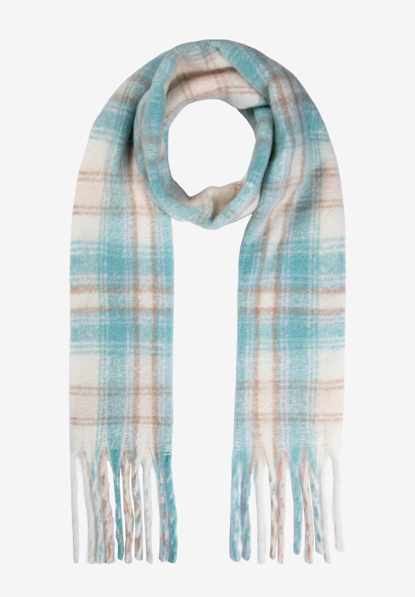 Ein MORE & MORE Accessoire: karierter Schal in hellblau, beige und weiß mit Fransen an den Enden. Ein MORE & MORE Accessoire: karierter Schal in hellblau, beige und weiß mit Fransen an den Enden.