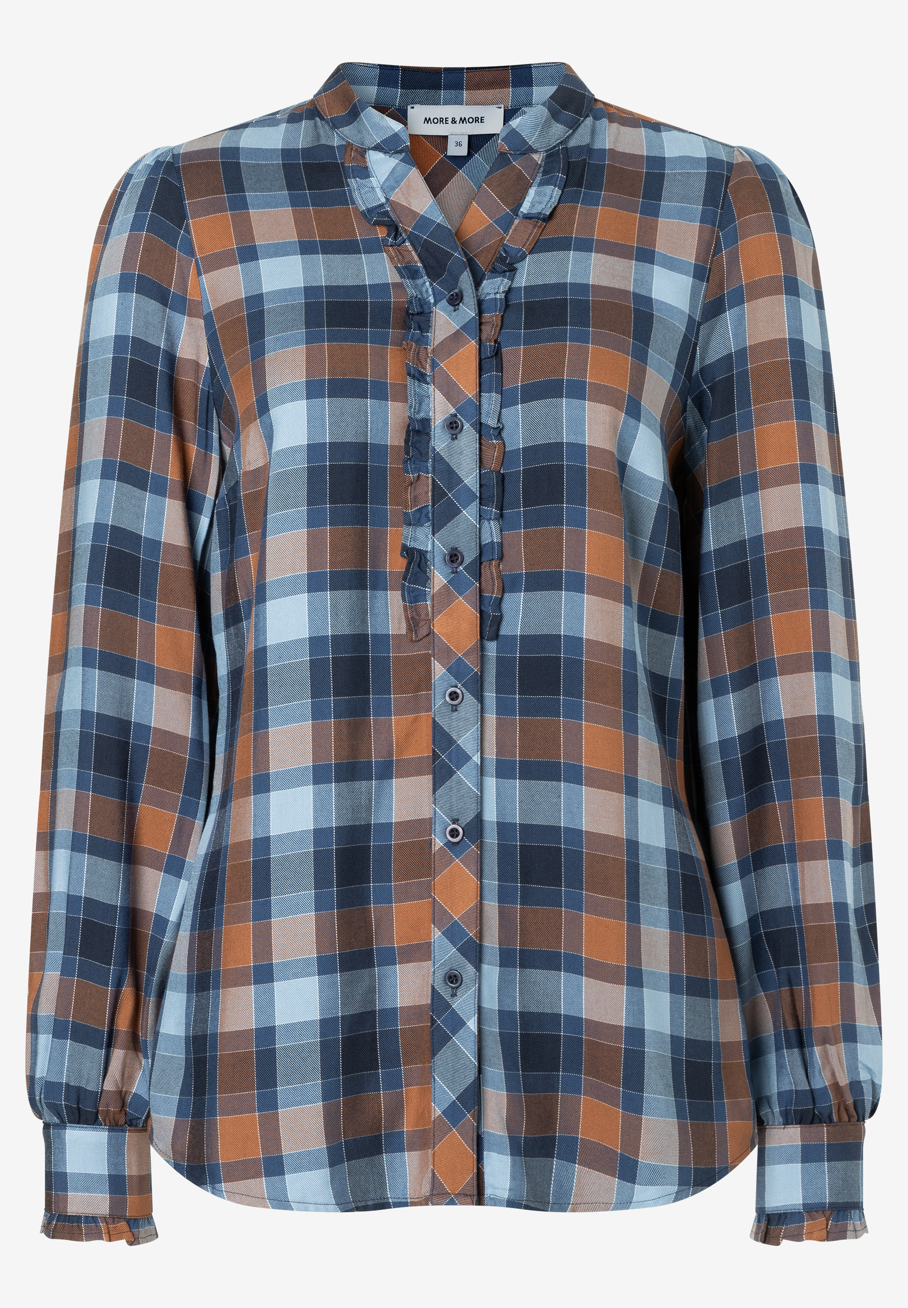 MORE & MORE Bluse aus weicher Viskose in Blau- und Brauntönen, mit Karomuster, Rüschen und langen Ärmeln. MORE & MORE Bluse aus weicher Viskose in Blau- und Brauntönen, mit Karomuster, Rüschen und langen Ärmeln.