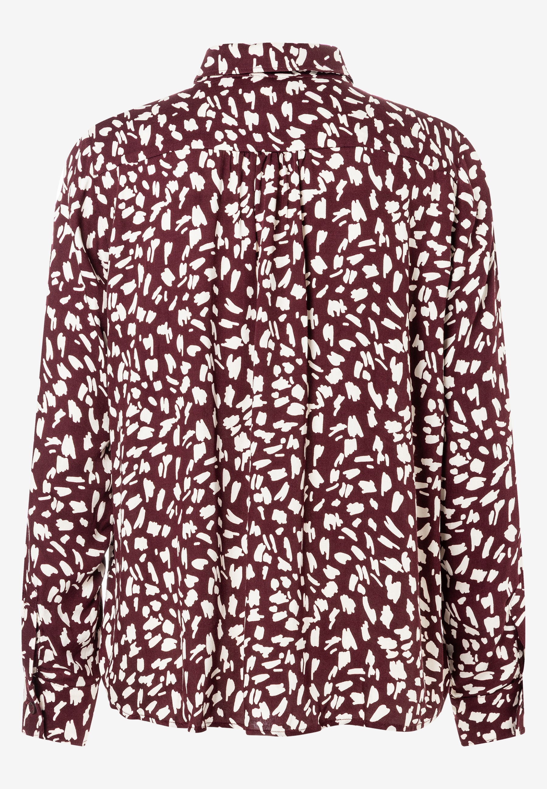 MORE & MORE Bluse: Bordeauxrot mit weißen Tupfen. Lange Ärmel und ein Kragen. Hinten in der Mitte befindet sich eine Falte, die bis zur Taille reicht. MORE & MORE Bluse: Bordeauxrot mit weißen Tupfen. Lange Ärmel und ein Kragen. Hinten in der Mitte befindet sich eine Falte, die bis zur Taille reicht.