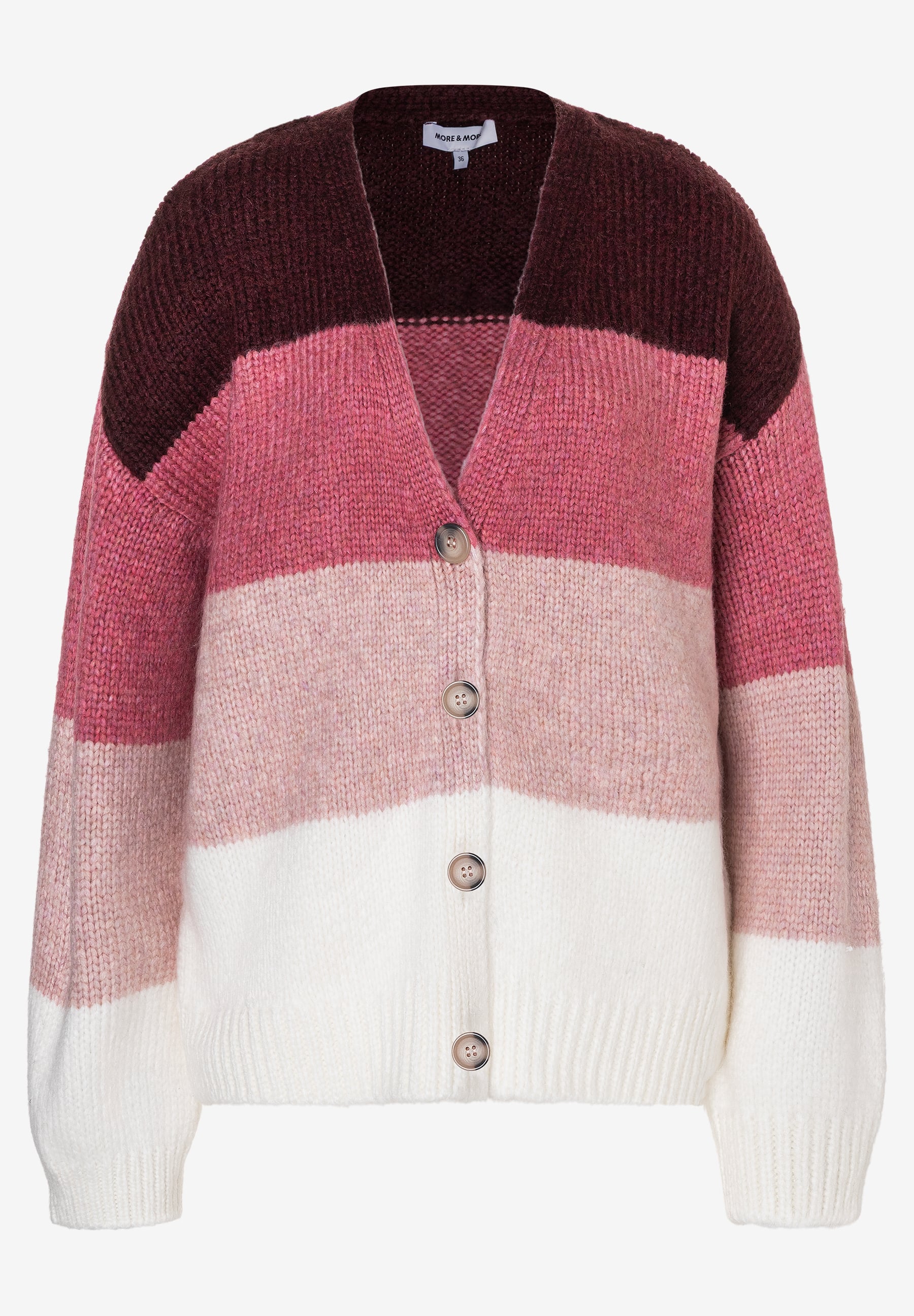 Ein gestreifter MORE & MORE Strick-Cardigan in Weiß-, Rosa- und Brauntönen mit V-Ausschnitt und Knopfleiste. Ein gestreifter MORE & MORE Strick-Cardigan in Weiß-, Rosa- und Brauntönen mit V-Ausschnitt und Knopfleiste.