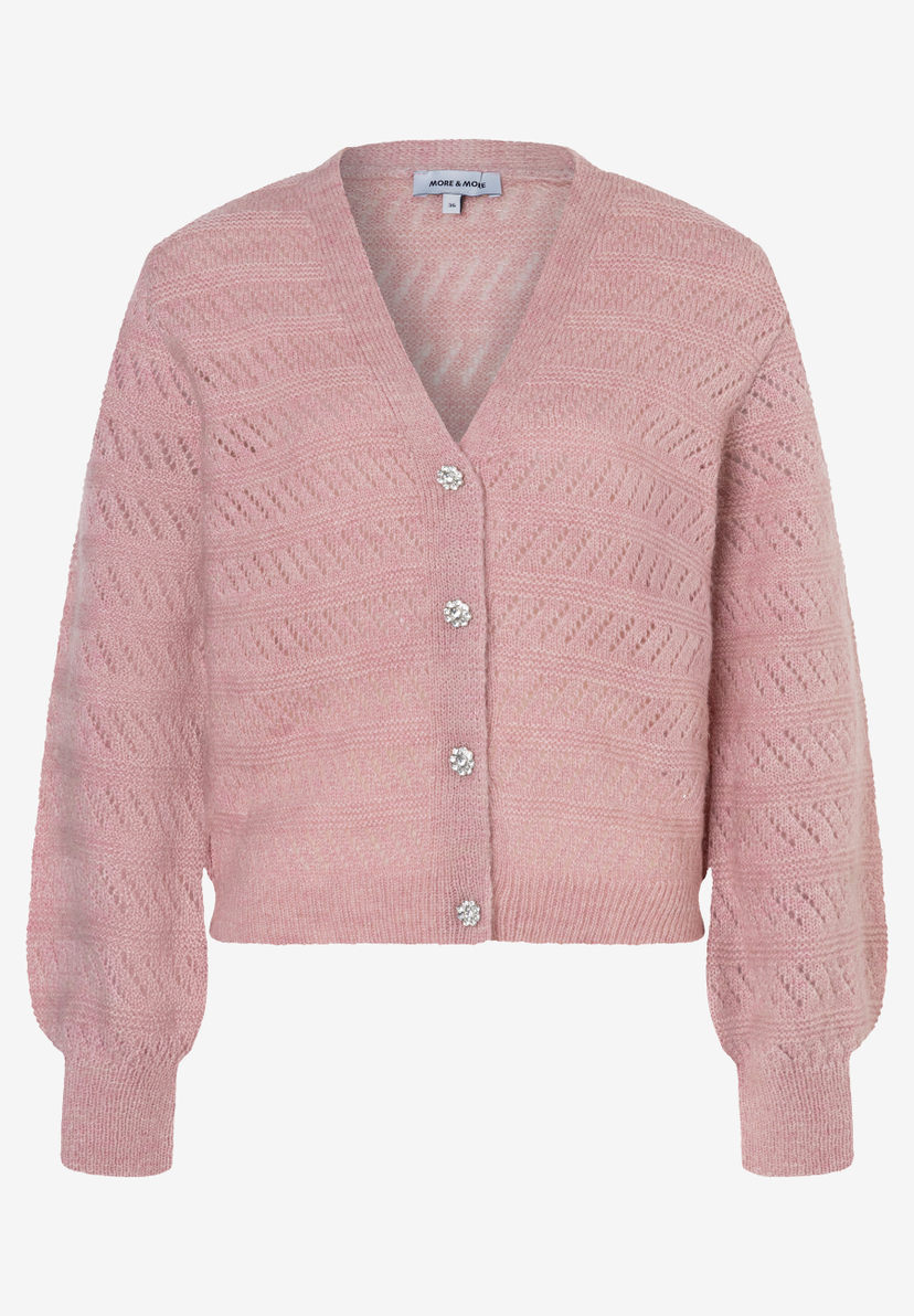 Ein rosa MORE & MORE Lochstrick-Cardigan mit V-Ausschnitt und glitzernden Knöpfen liegt vor einem neutralen Hintergrund. Ein rosa MORE & MORE Lochstrick-Cardigan mit V-Ausschnitt und glitzernden Knöpfen liegt vor einem neutralen Hintergrund.