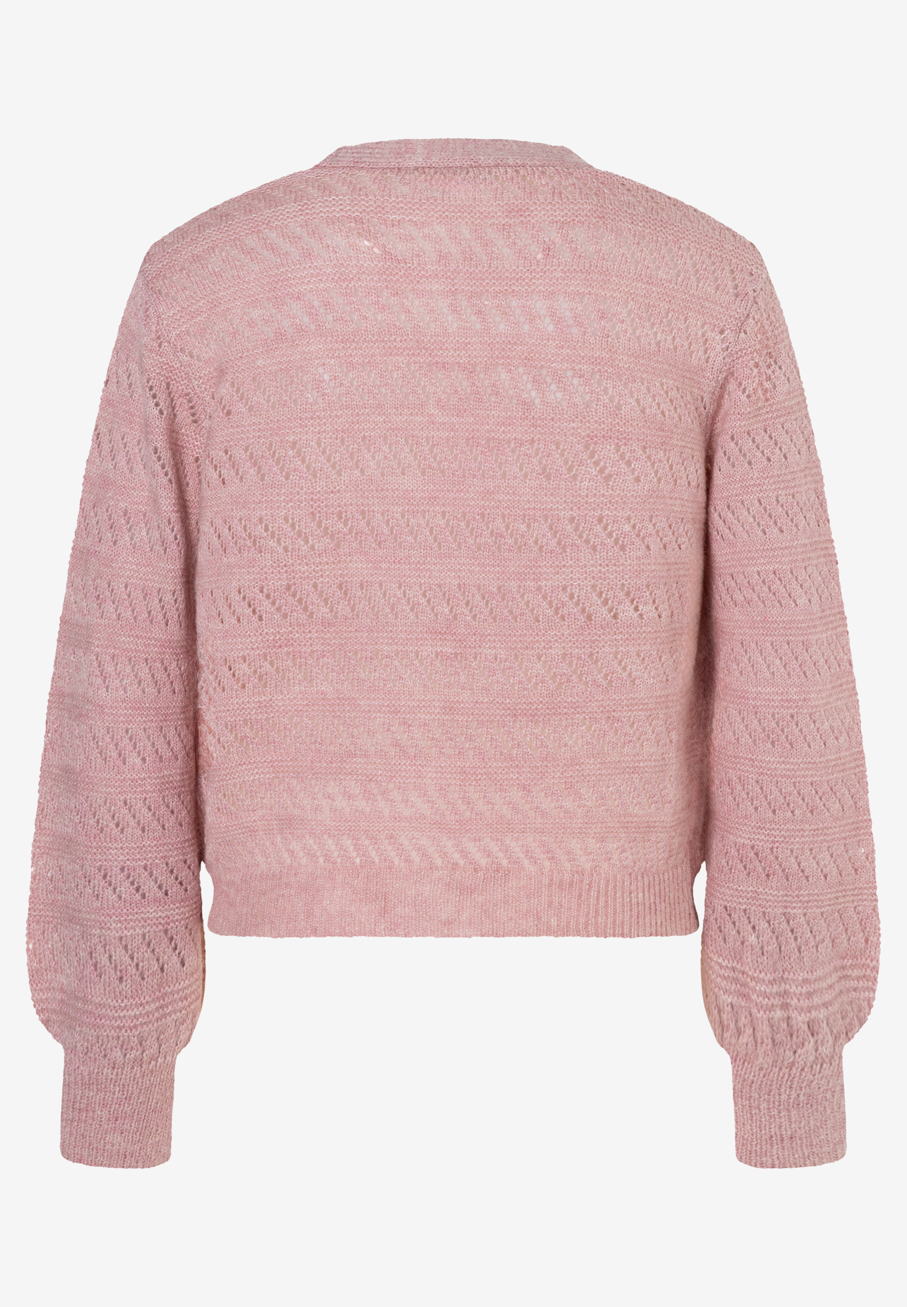 Ein rosa MORE & MORE Lochstrick-Pullover mit langen Ärmeln, hinten fotografiert. Ein rosa MORE & MORE Lochstrick-Pullover mit langen Ärmeln, hinten fotografiert.