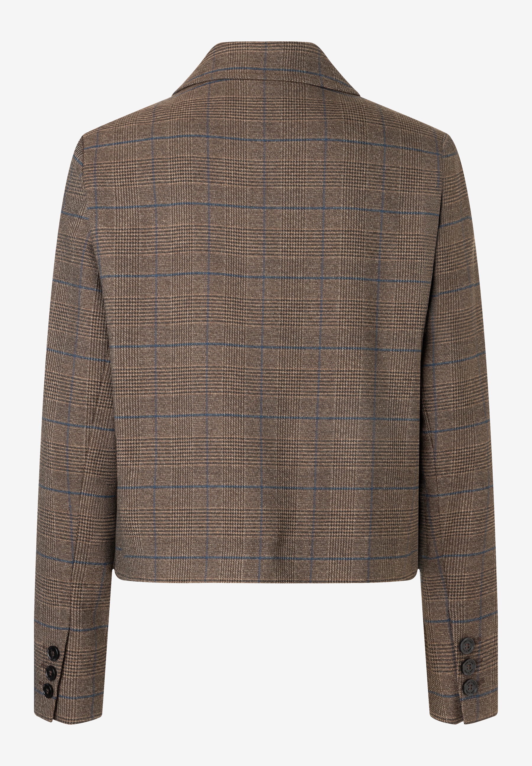 MORE & MORE Blazer in Braun mit blauem Karomuster, Rückseite, 3 Zierknöpfen an den Ärmeln und Reverskragen.