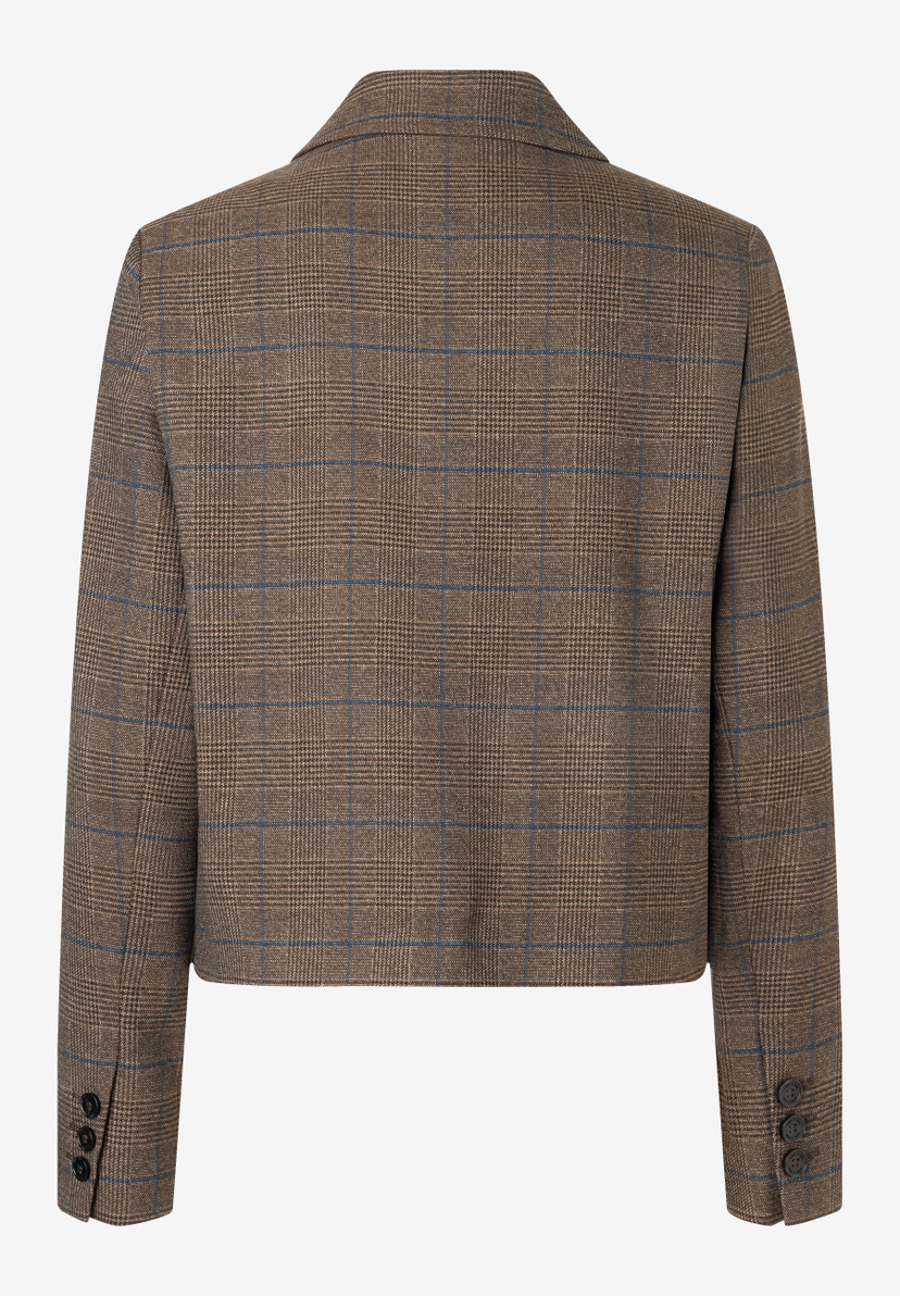 MORE & MORE Blazer in Braun mit blauem Karomuster, Rückseite, 3 Zierknöpfen an den Ärmeln und Reverskragen.