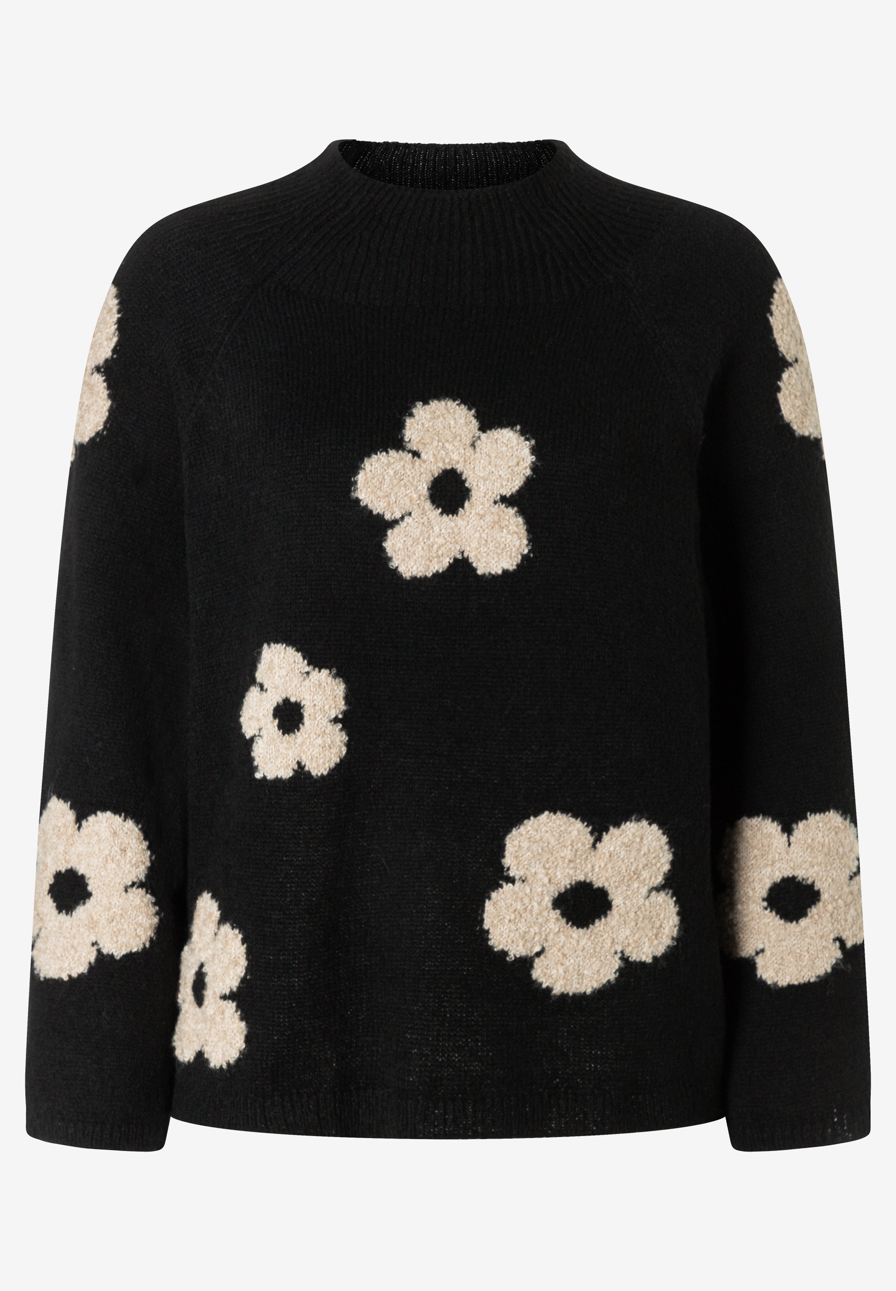 MORE & MORE Pullover in Schwarz mit beigen Blumenmustern. Gerippter Stehkragen und Bündchen.