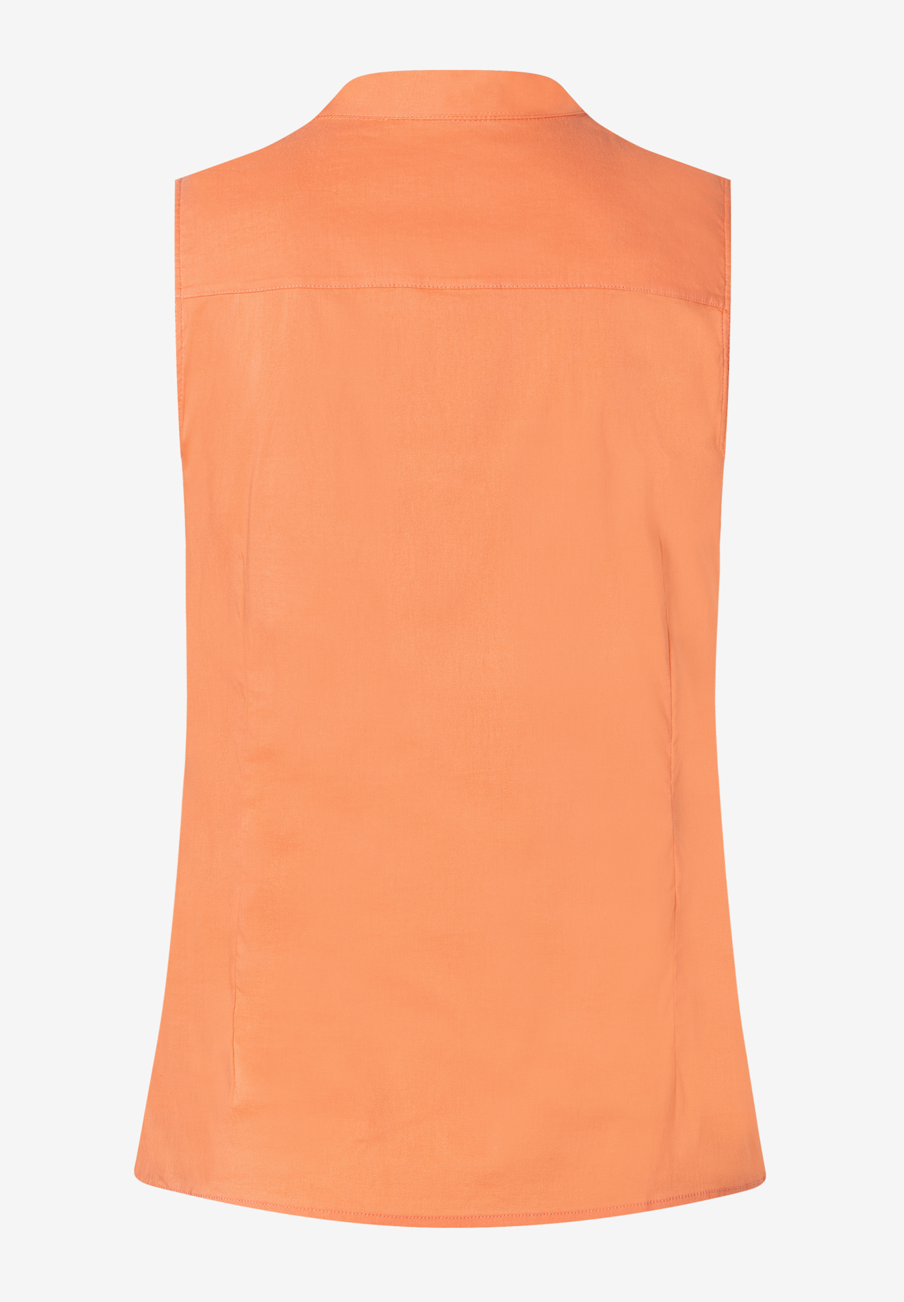 Rückenansicht einer korallenroten, ärmellosen Bluse von MORE & MORE aus elastischem Popeline.