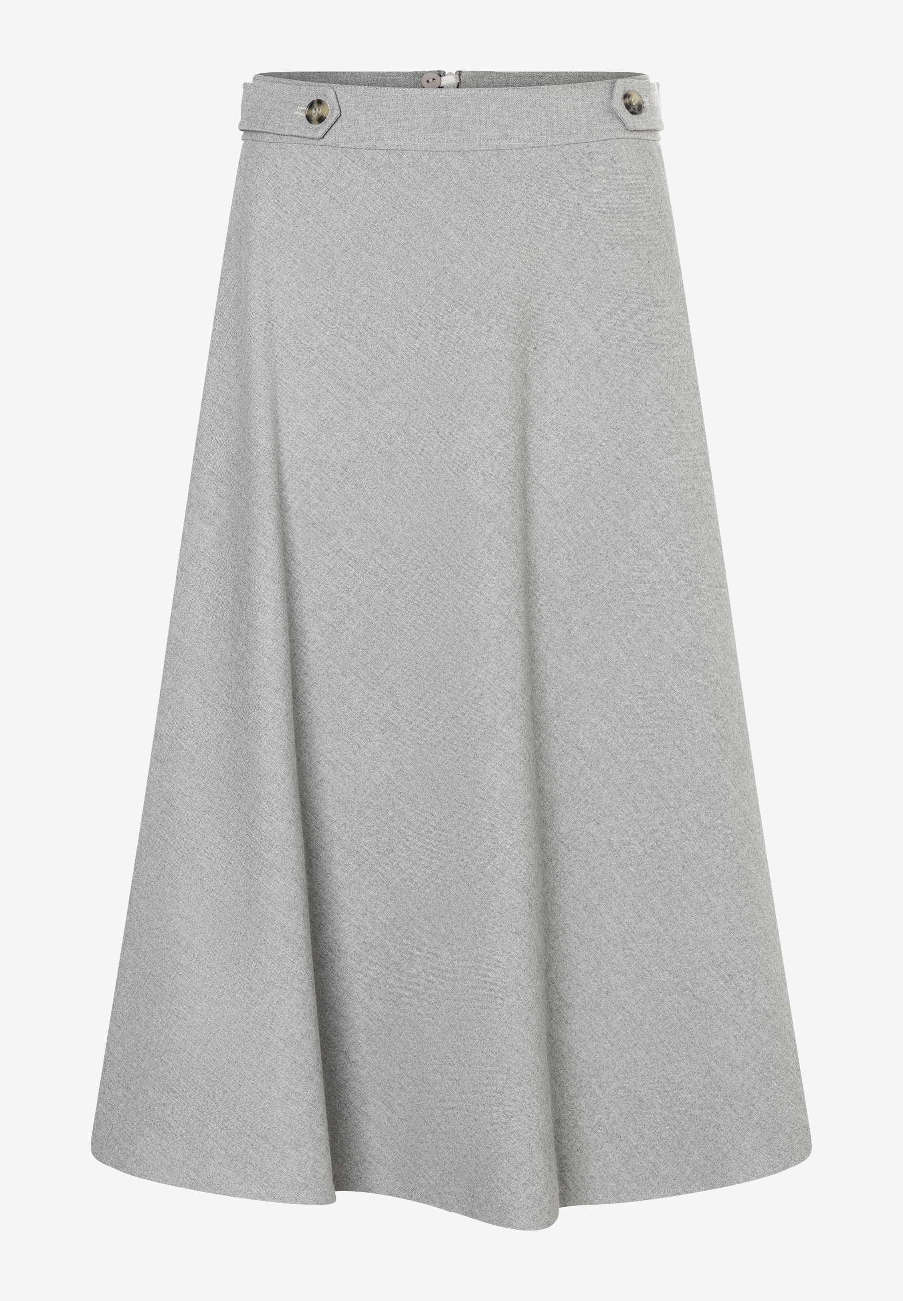 Ein grauer MORE & MORE Rock in A-Linie mit zwei dekorativen Knöpfen am Bund. Ein grauer MORE & MORE Rock in A-Linie mit zwei dekorativen Knöpfen am Bund.