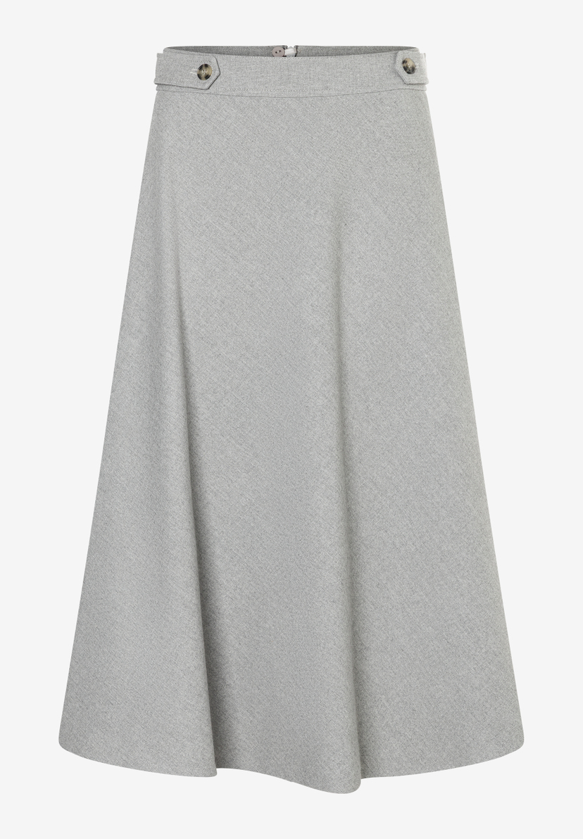 Ein grauer MORE & MORE Rock in A-Linie mit zwei dekorativen Knöpfen am Bund. Ein grauer MORE & MORE Rock in A-Linie mit zwei dekorativen Knöpfen am Bund.