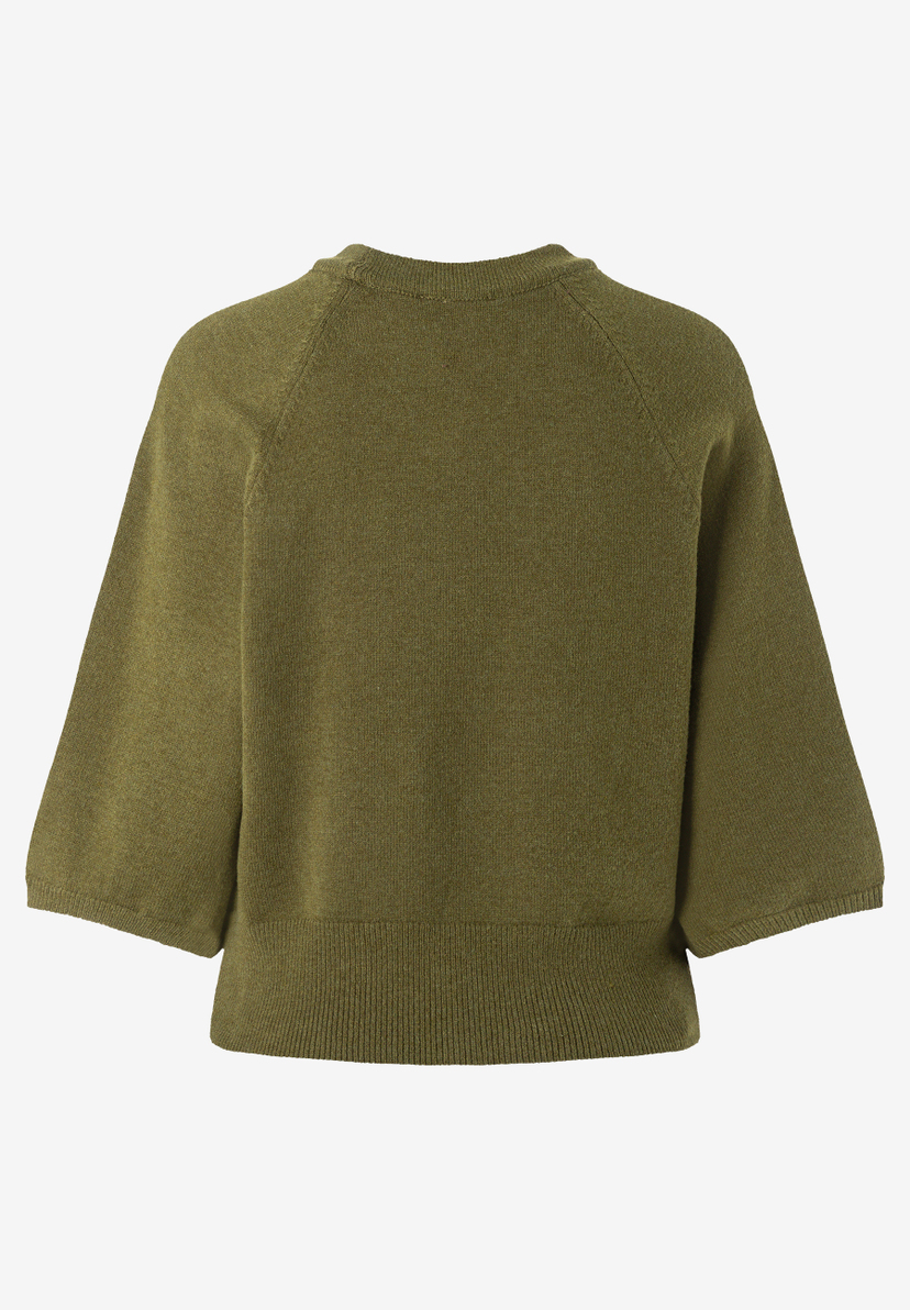 MORE & MORE Pullover in Olivgrün mit weiten 3/4-Ärmeln, geripptem Rundhalsausschnitt und Bund.