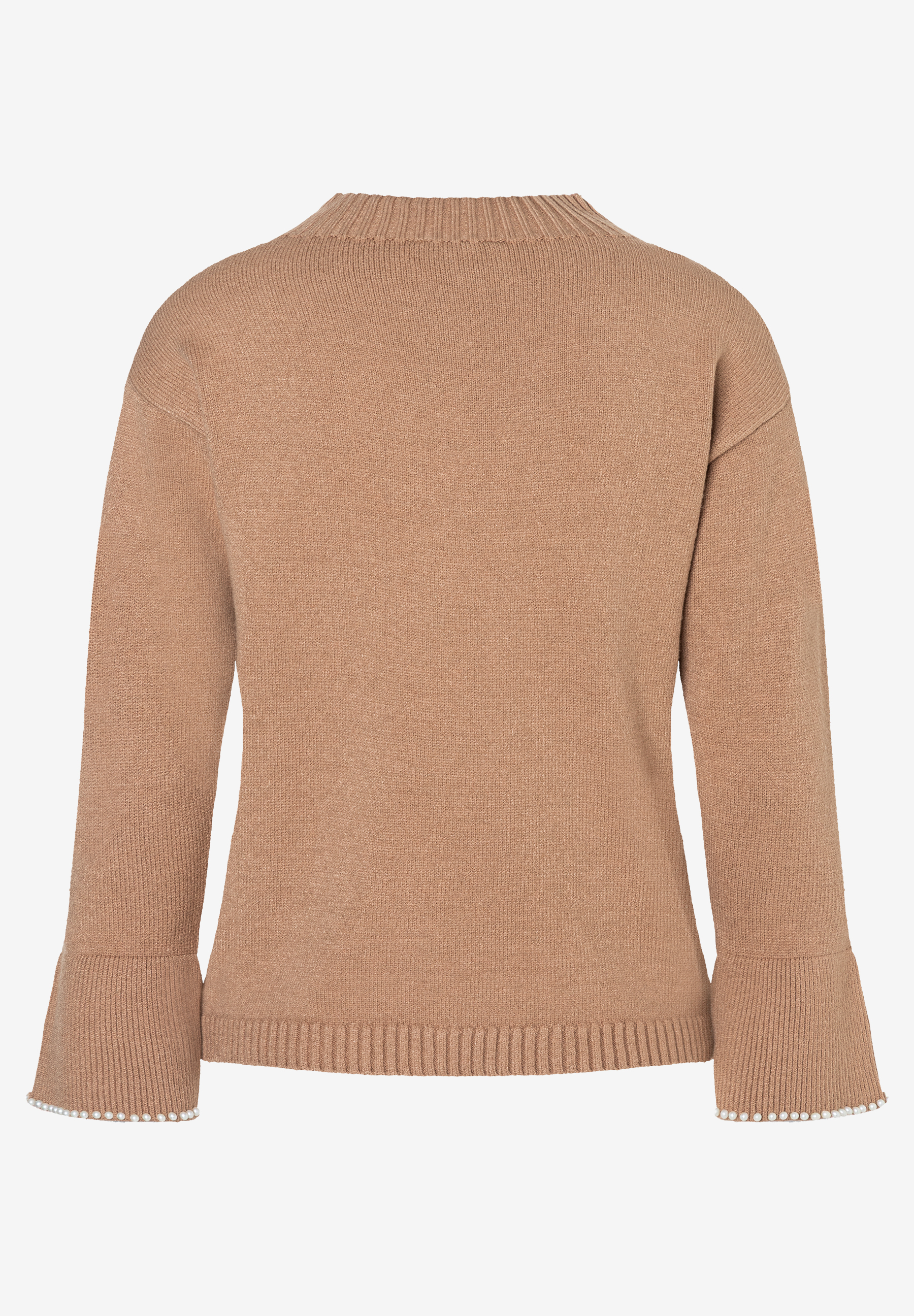 Ein beiger Strickpullover von MORE & MORE mit Trompetenärmeln, die mit Perlen verziert sind. Ein beiger Strickpullover von MORE & MORE mit Trompetenärmeln, die mit Perlen verziert sind.