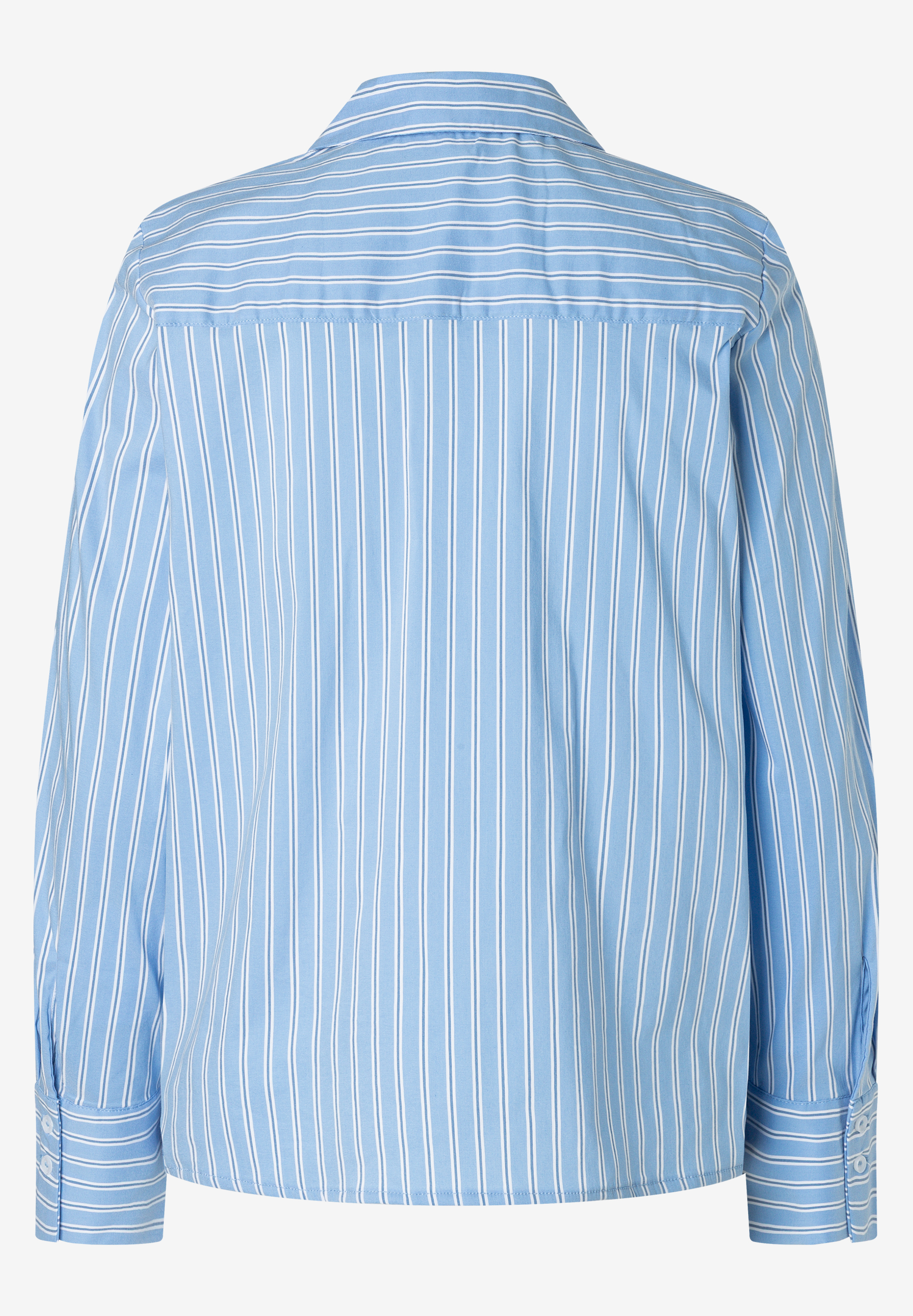 MORE & MORE Damen-Bluse: hellblaue Bluse mit weißen Längsstreifen und langen Ärmeln mit Manschetten. Rückansicht MORE & MORE Damen-Bluse: hellblaue Bluse mit weißen Längsstreifen und langen Ärmeln mit Manschetten. Rückansicht