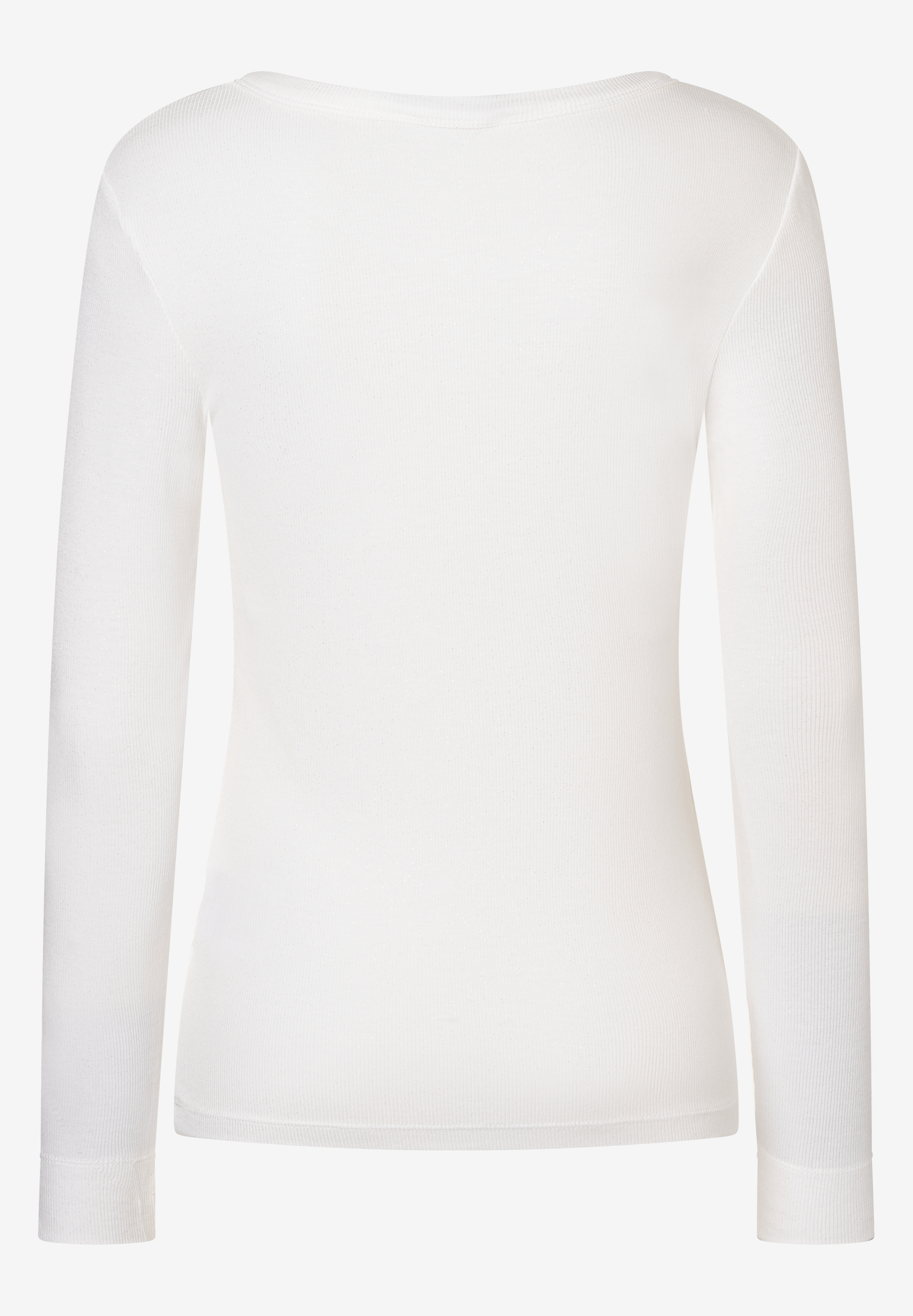 Ein geripptes, weißes MORE & MORE Oberteil mit langen Ärmeln und glänzender Optik. Ein geripptes, weißes MORE & MORE Oberteil mit langen Ärmeln und glänzender Optik.