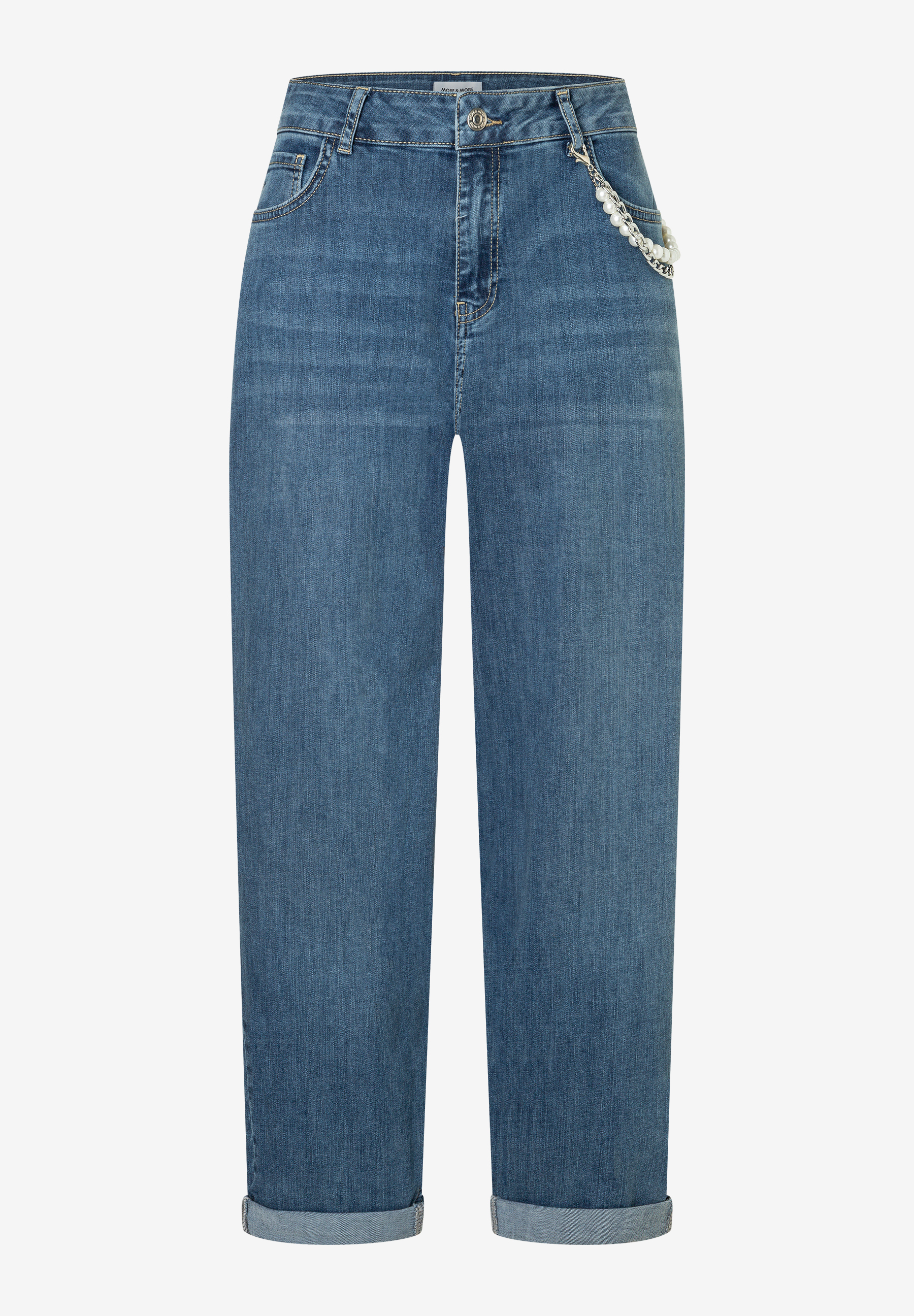 MORE & MORE Jeans mit geradem Bein, blauer Denim und Perlenkette an der Gürtelschlaufe MORE & MORE Jeans mit geradem Bein, blauer Denim und Perlenkette an der Gürtelschlaufe