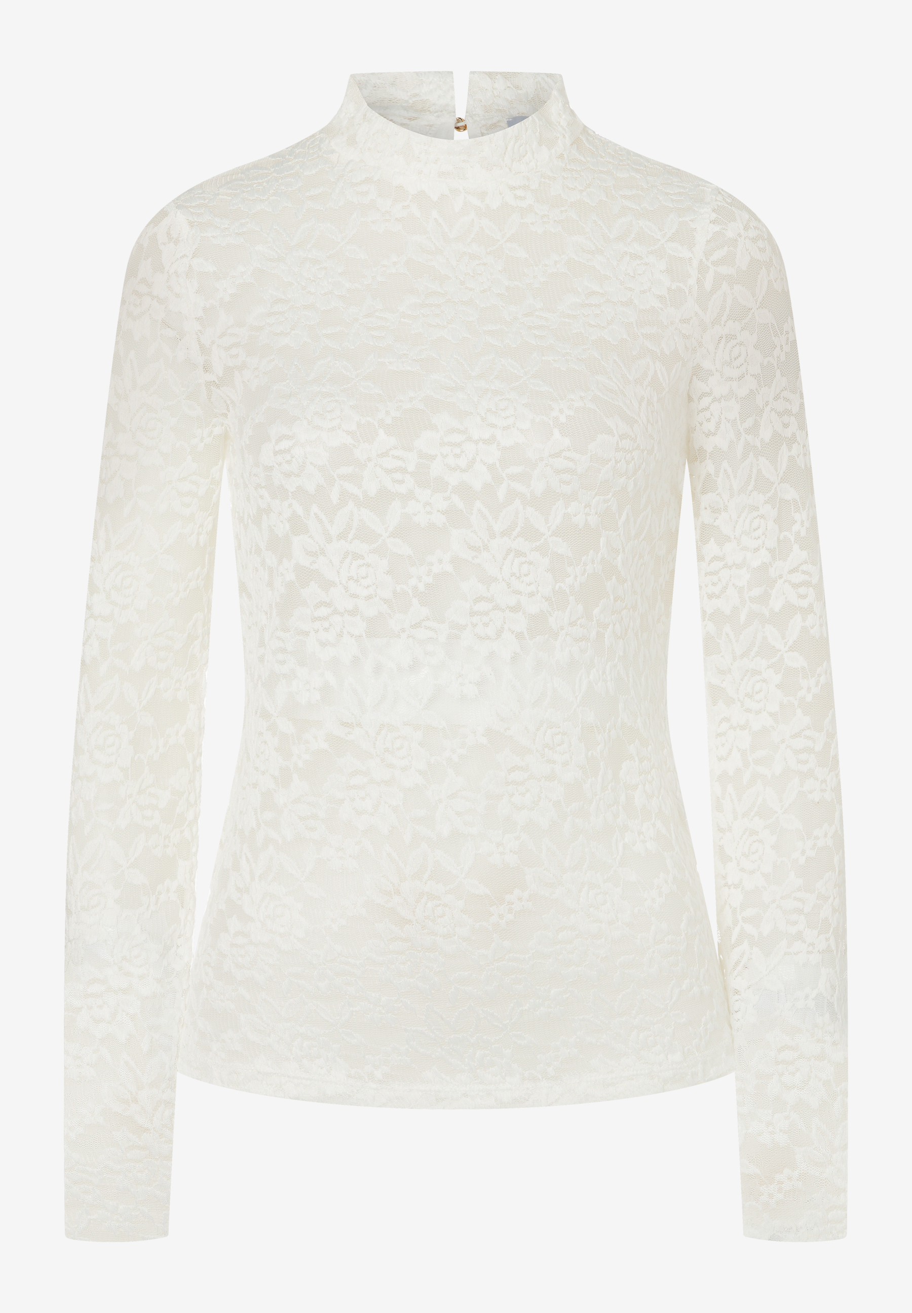 MORE & MORE Damen-Spitzentop aus elastischem Material, hochgeschlossen, weiße Rosenmuster, Langarm, schmal geschnitten.