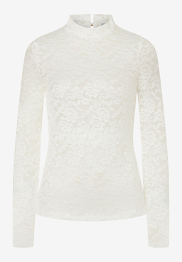 MORE & MORE Damen-Spitzentop aus elastischem Material, hochgeschlossen, weiße Rosenmuster, Langarm, schmal geschnitten.