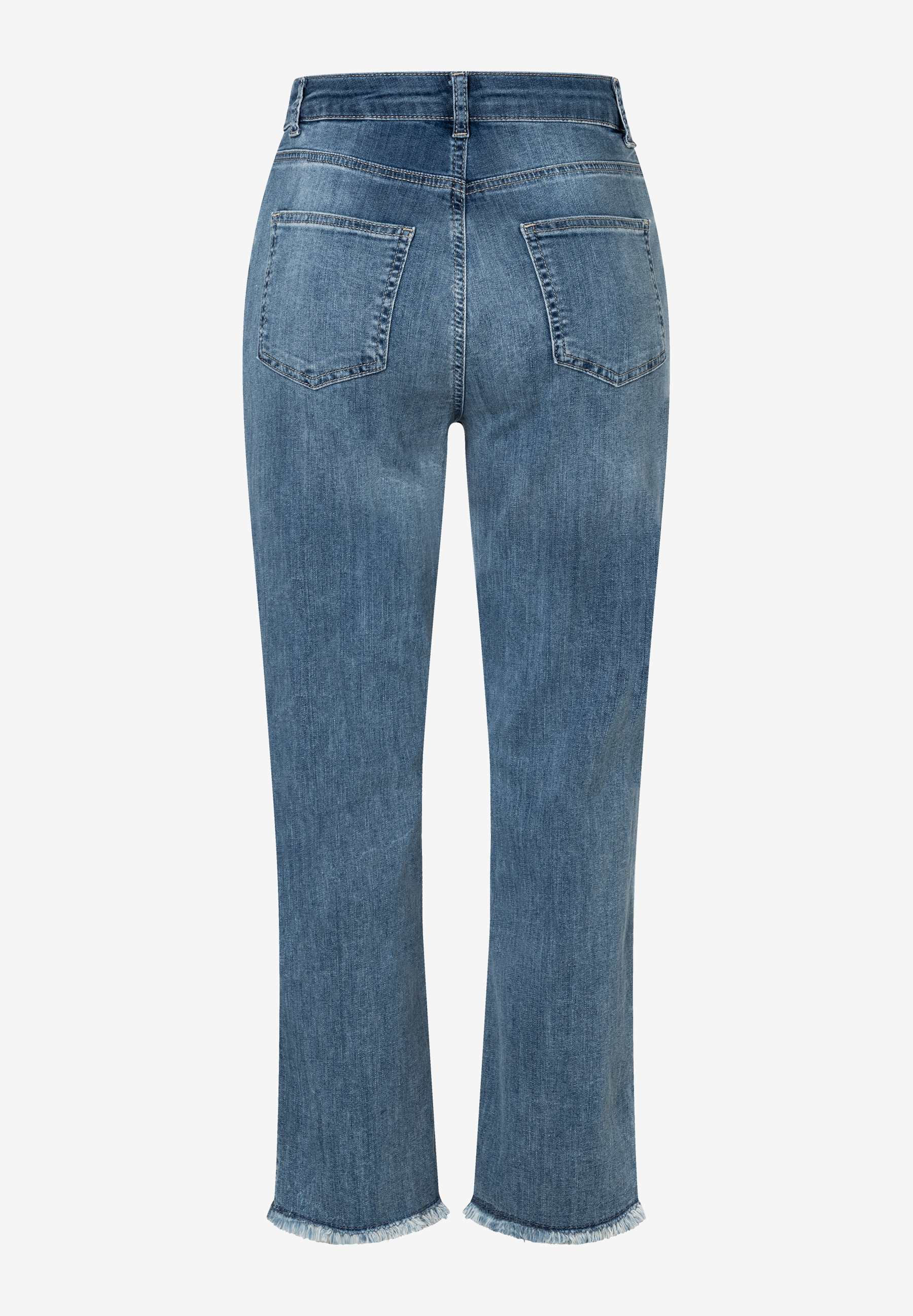Die blaue MORE & MORE Jeans hat zwei Gesäßtaschen und einen ausgefransten Saum. Die blaue MORE & MORE Jeans hat zwei Gesäßtaschen und einen ausgefransten Saum.