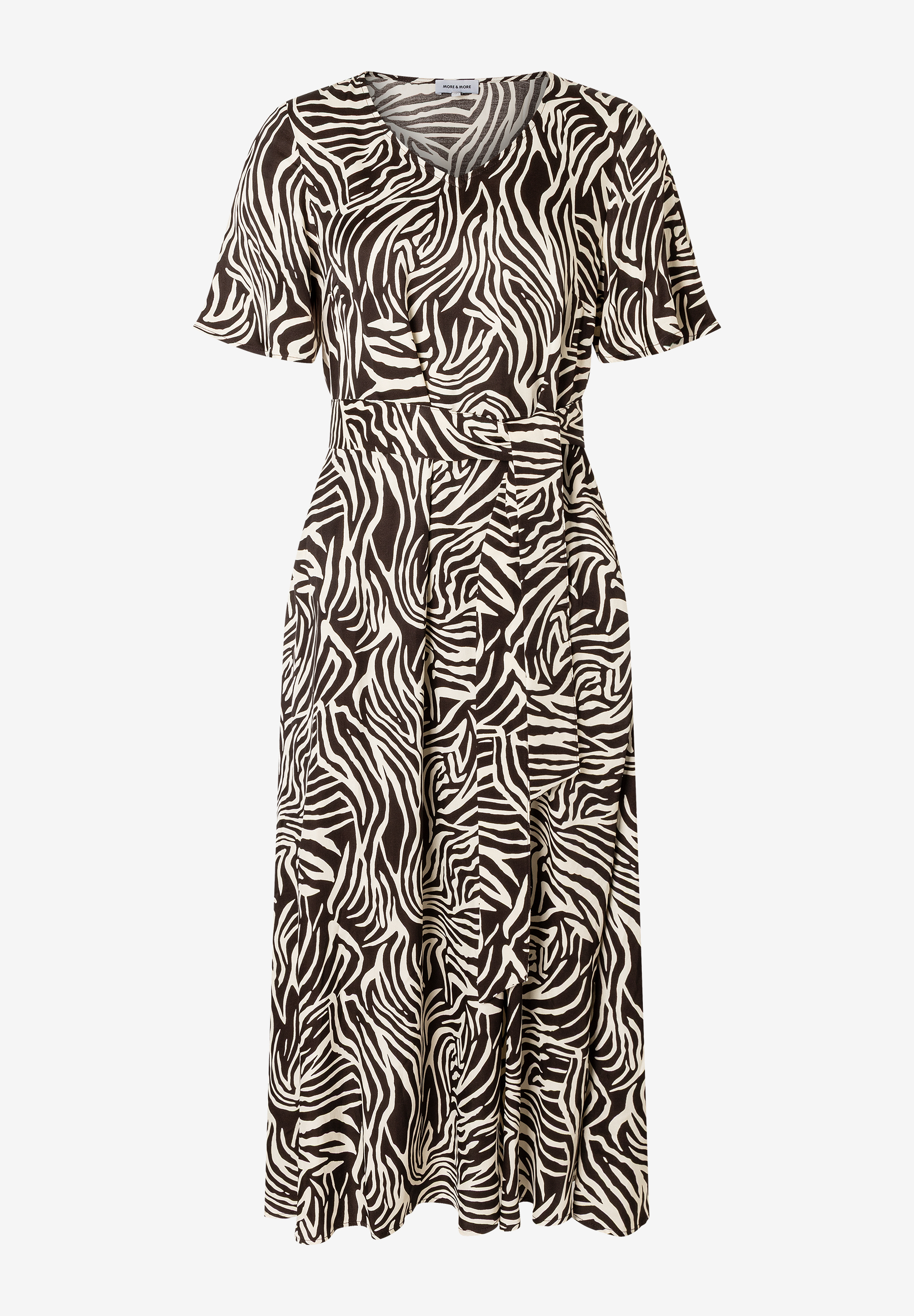 Ein knielanges MORE & MORE Kleid mit Zebra-Muster in Braun- und Weißtönen, V-Ausschnitt und kurzen Ärmeln. Ein knielanges MORE & MORE Kleid mit Zebra-Muster in Braun- und Weißtönen, V-Ausschnitt und kurzen Ärmeln.