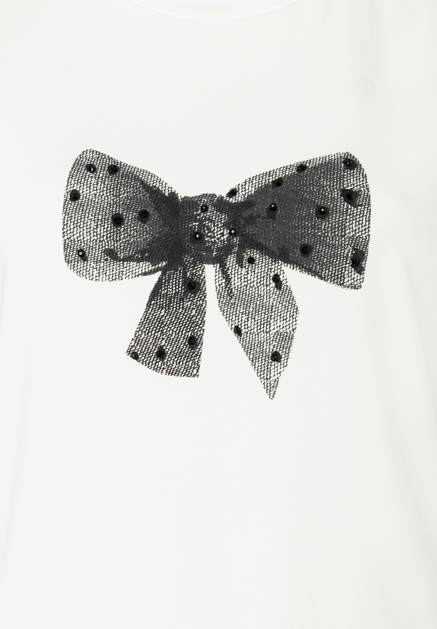 Ein MORE & MORE Oberteil mit einer schwarzen Schleife aus Jersey-Material. Ein MORE & MORE Oberteil mit einer schwarzen Schleife aus Jersey-Material.