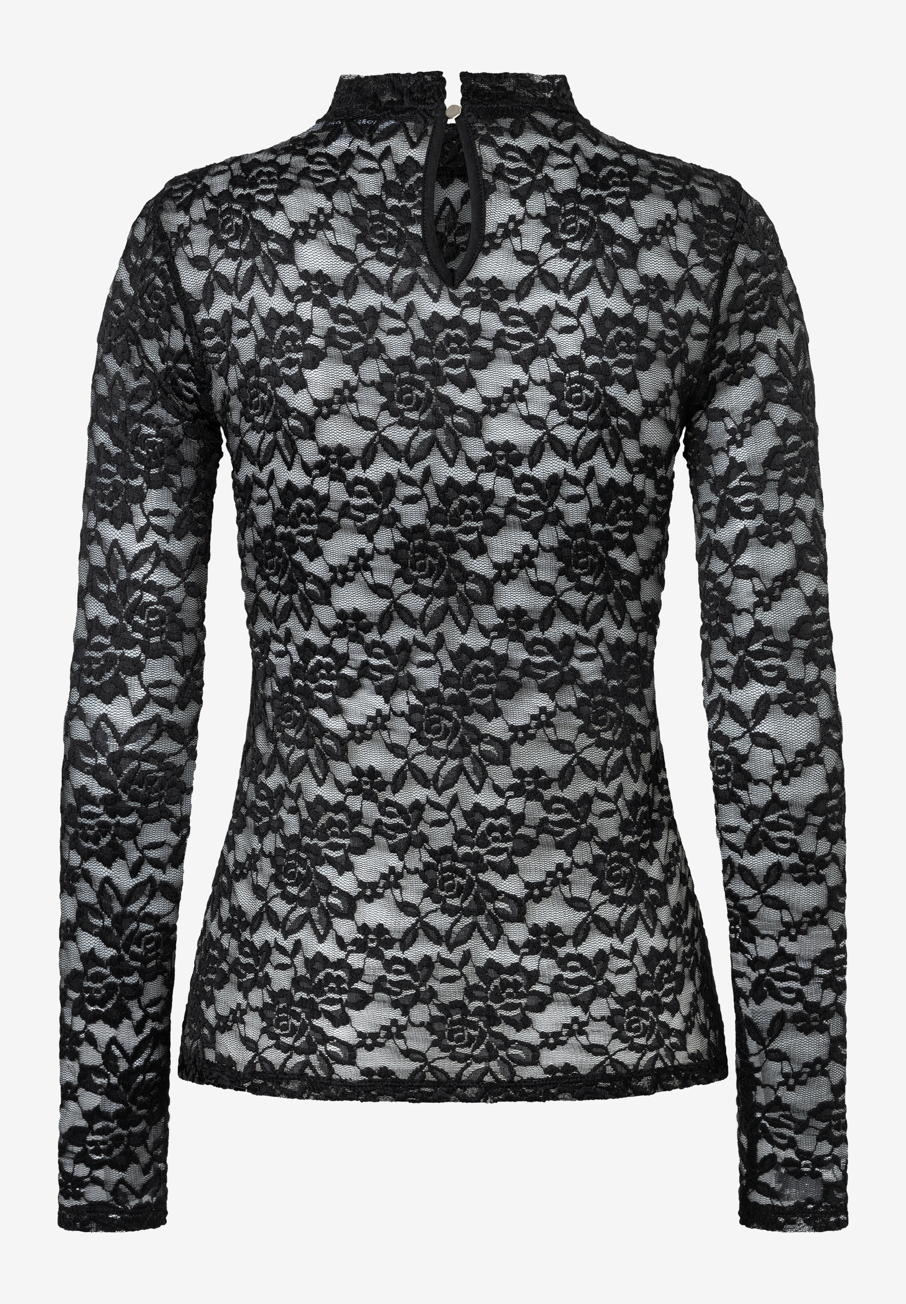 MORE & MORE schwarzes Spitzen-Shirt mit hohem Kragen und langen Ärmeln, komplett mit Blumenmuster MORE & MORE schwarzes Spitzen-Shirt mit hohem Kragen und langen Ärmeln, komplett mit Blumenmuster