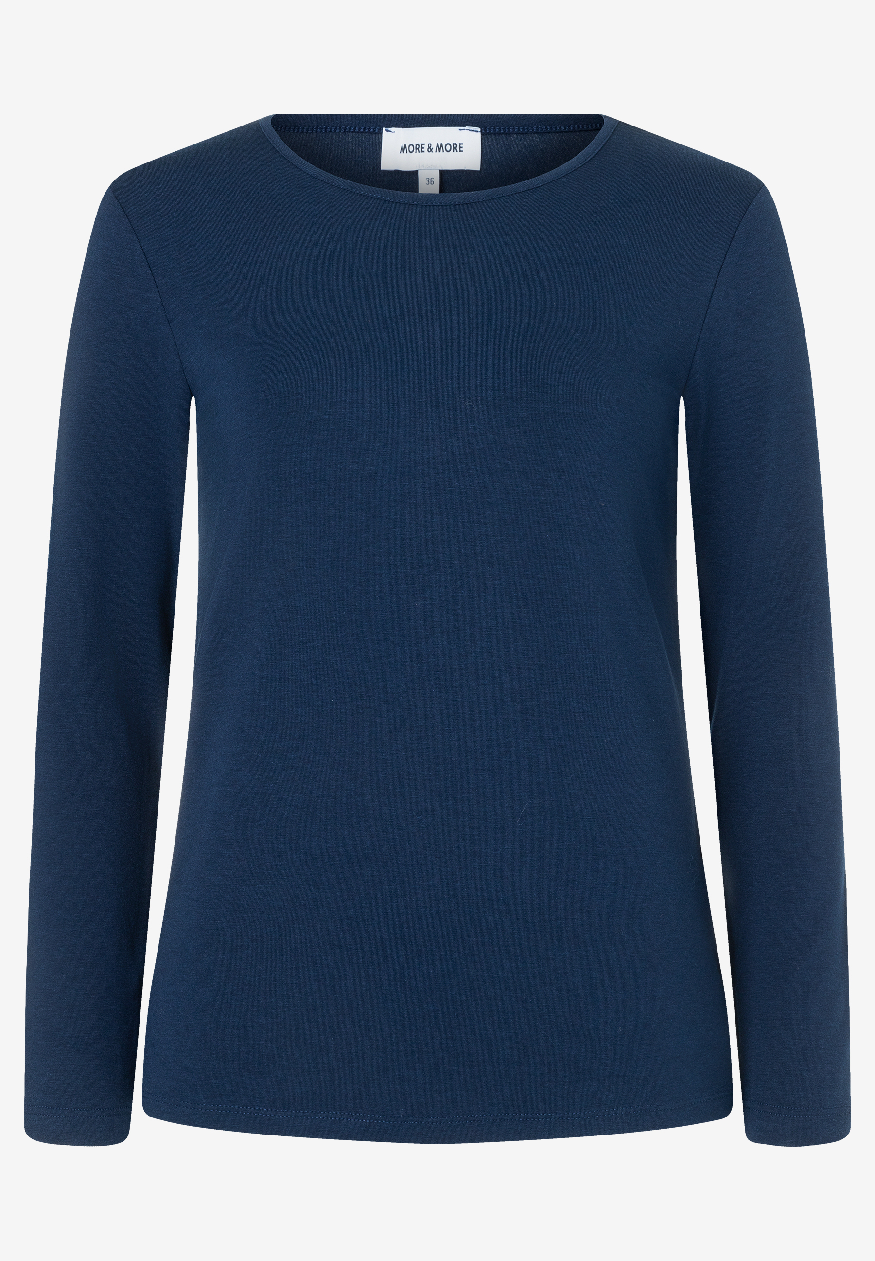 MORE & MORE dunkelblaues Langarmshirt, Gr. 36. Schlichtes Design mit Rundhalsausschnitt und feiner Rippstruktur.