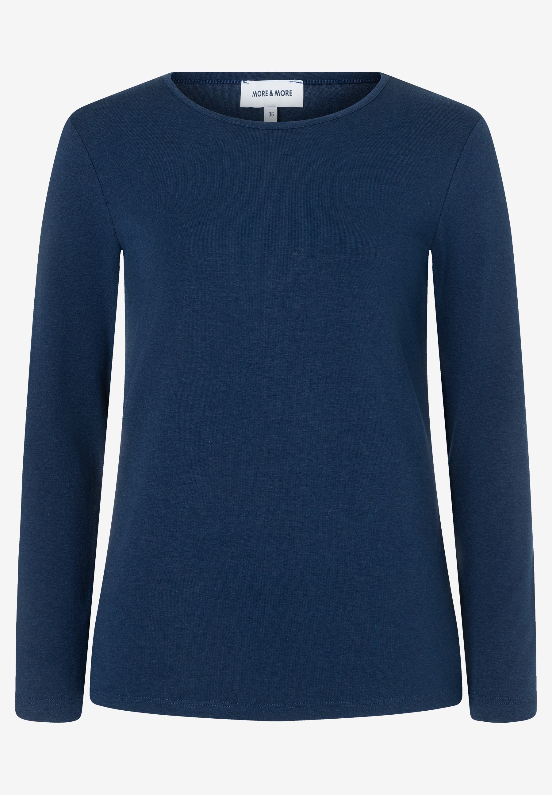 MORE & MORE dunkelblaues Langarmshirt, Gr. 36. Schlichtes Design mit Rundhalsausschnitt und feiner Rippstruktur.