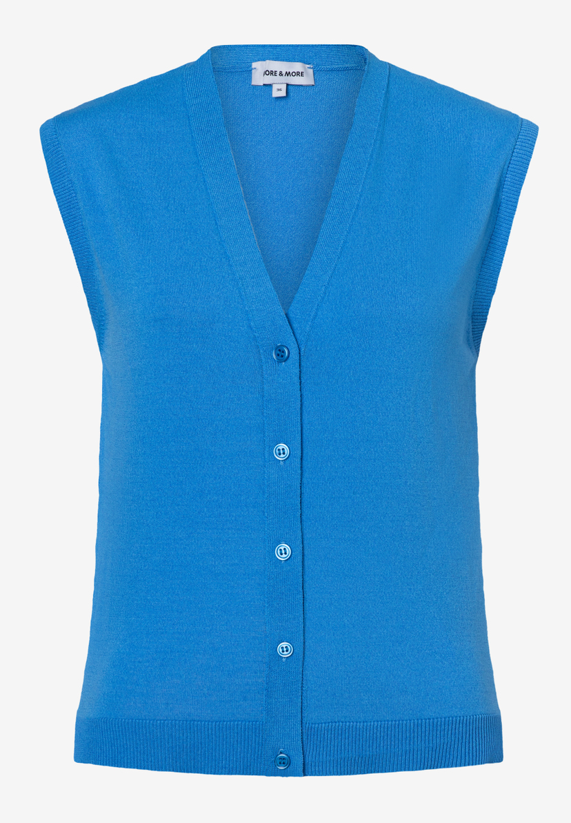 MORE & MORE Feinstrick-Weste in leuchtendem Blau mit V-Ausschnitt, durchgehender Knopfleiste und breiten Rippbündchen. MORE & MORE Feinstrick-Weste in leuchtendem Blau mit V-Ausschnitt, durchgehender Knopfleiste und breiten Rippbündchen.