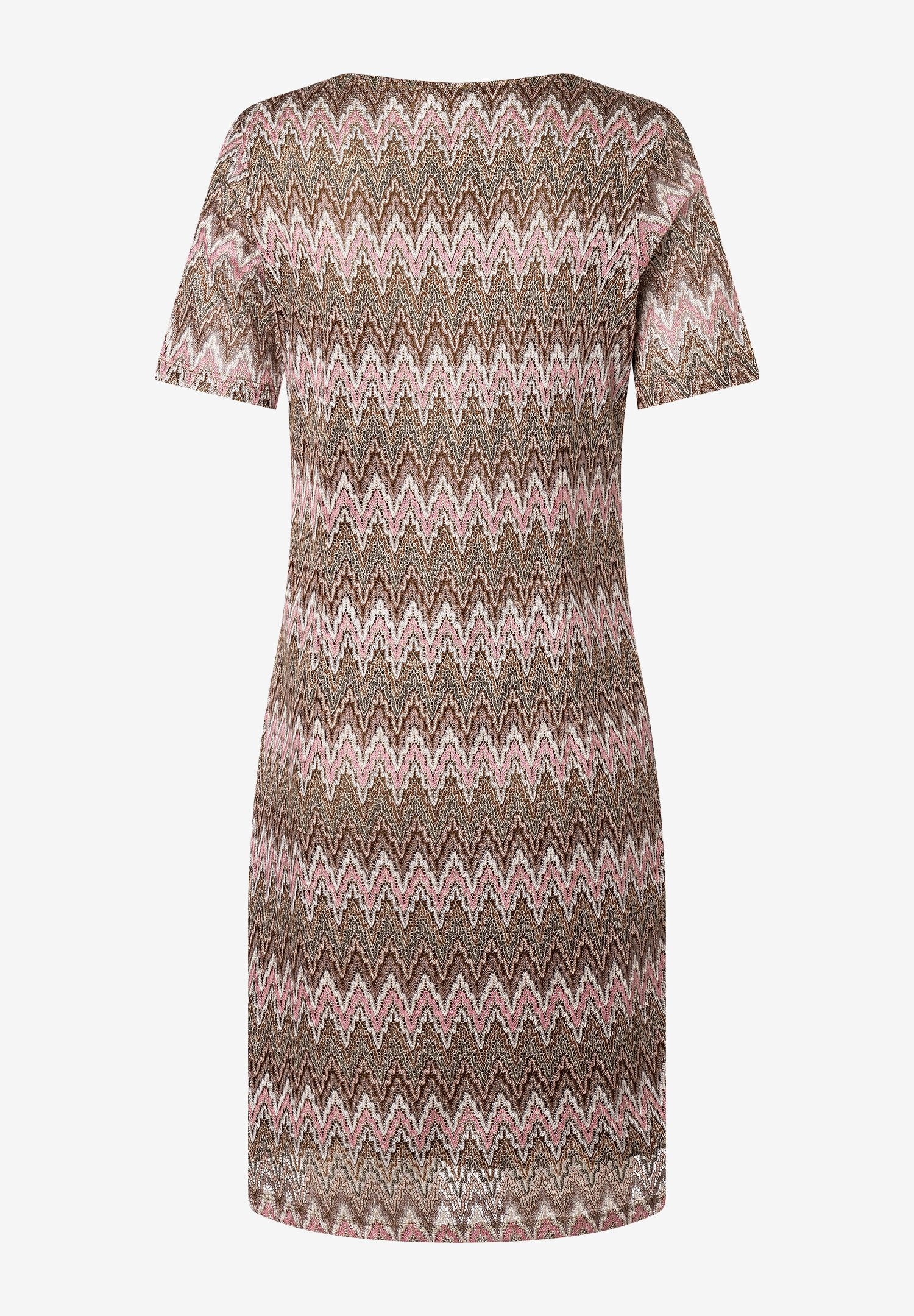 Ein MORE & MORE Oberteil mit Jacquard-Muster in Rosa und Braun, mit kurzen Ärmeln, auf einem weißen Hintergrund. Ein MORE & MORE Oberteil mit Jacquard-Muster in Rosa und Braun, mit kurzen Ärmeln, auf einem weißen Hintergrund.
