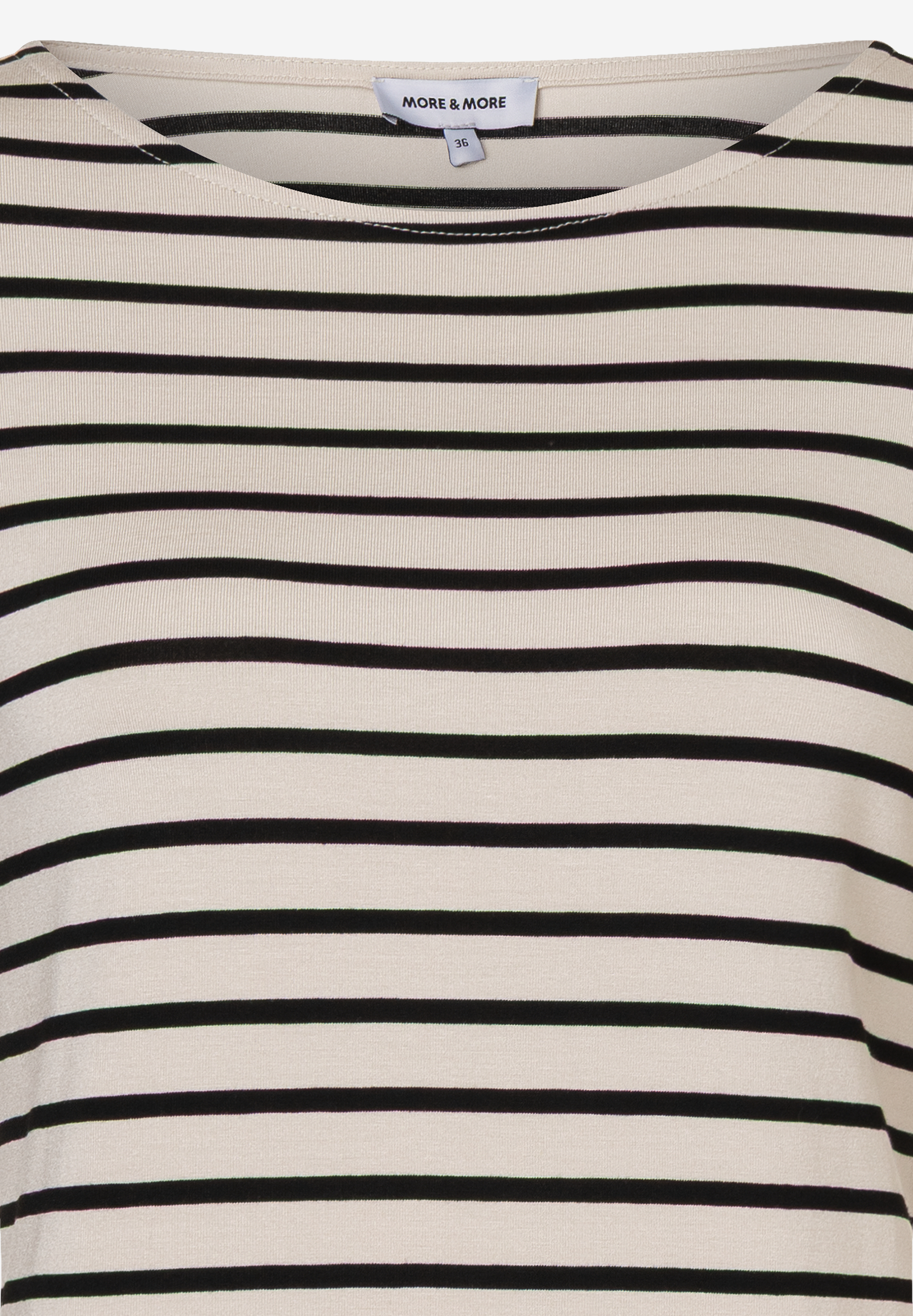 Detailansicht eines gestreiften MORE & MORE Jersey Oberteils. Schwarze Streifen auf hellem Grund, angenehm und elastisch. Detailansicht eines gestreiften MORE & MORE Jersey Oberteils. Schwarze Streifen auf hellem Grund, angenehm und elastisch.