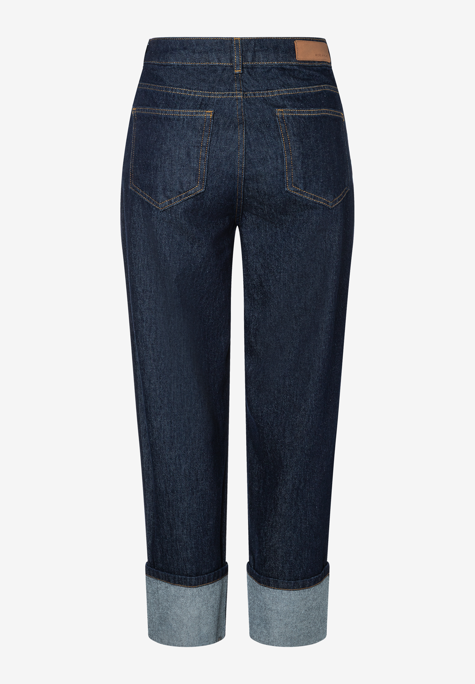 MORE & MORE Damen-Jeans in Dunkelblau, mit umgeschlagenen Säumen und orangefarbenen Nähten. Hinteransicht. MORE & MORE Damen-Jeans in Dunkelblau, mit umgeschlagenen Säumen und orangefarbenen Nähten. Hinteransicht.