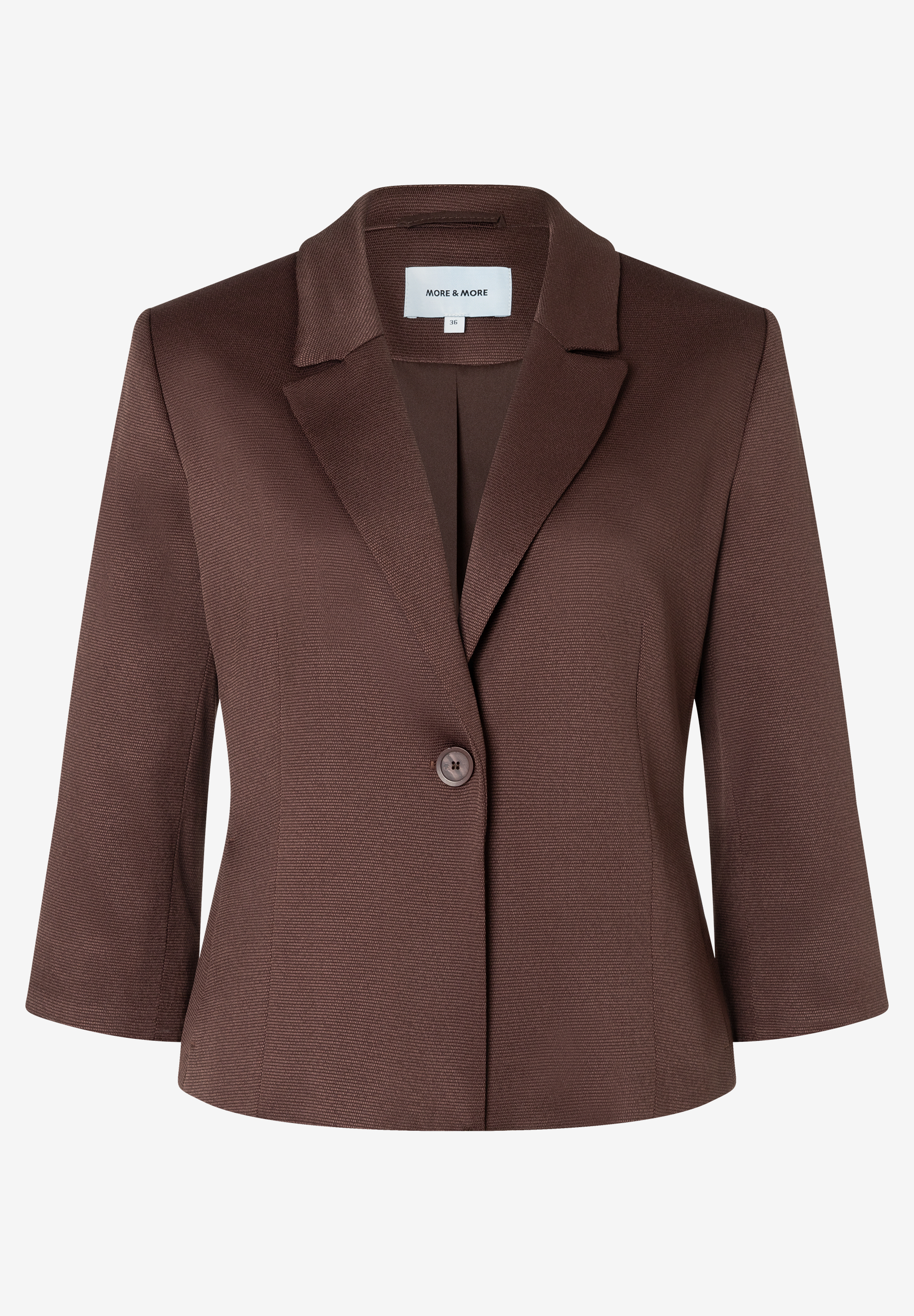 MORE & MORE Blazer in Dunkelbraun, taillierter Schnitt, Webware mit elastischem Tragekomfort, 3/4-Ärmel, Ein-Knopf-Verschluss. MORE & MORE Blazer in Dunkelbraun, taillierter Schnitt, Webware mit elastischem Tragekomfort, 3/4-Ärmel, Ein-Knopf-Verschluss.
